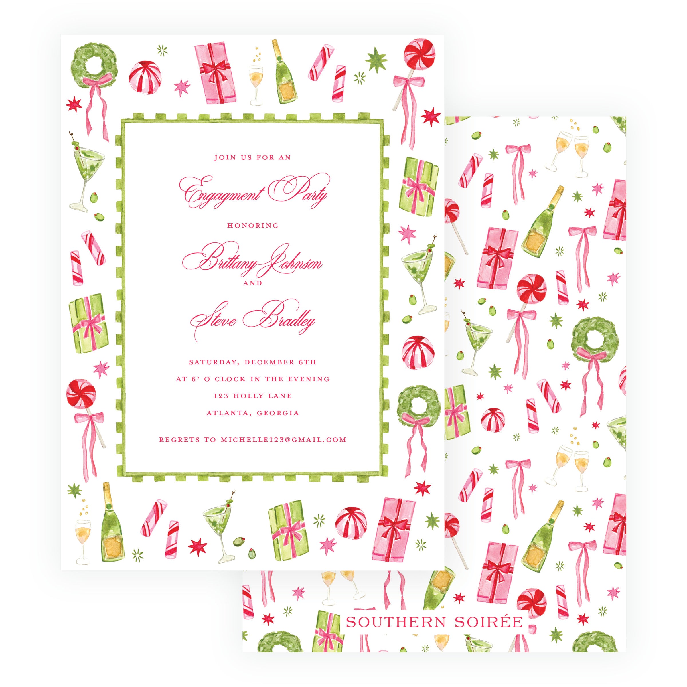 Pink and green Christmas engagement party invitation with coordinating watercolor pattern