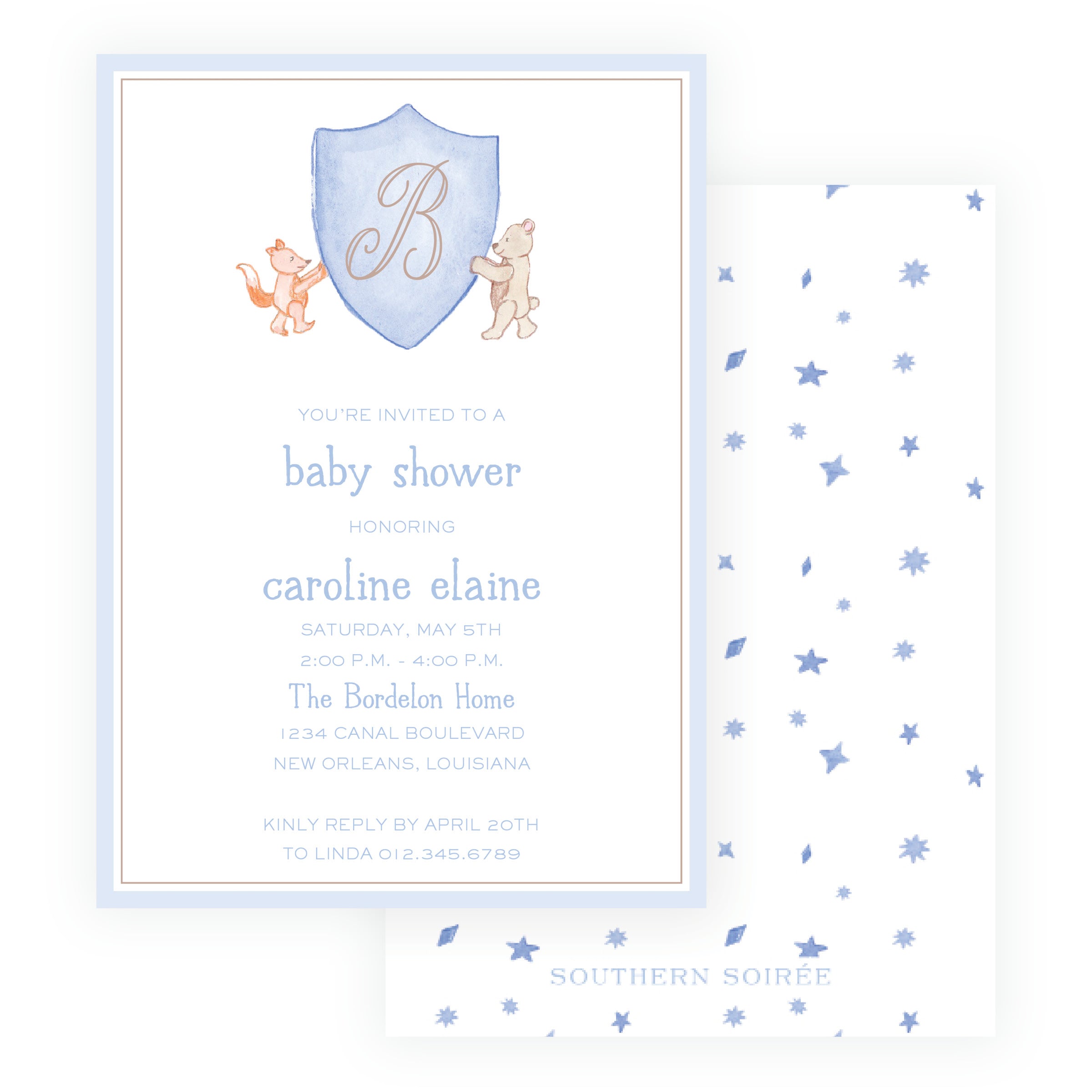 Baby blue storybook baby shower invitation with monogram crest, bear and squirrel