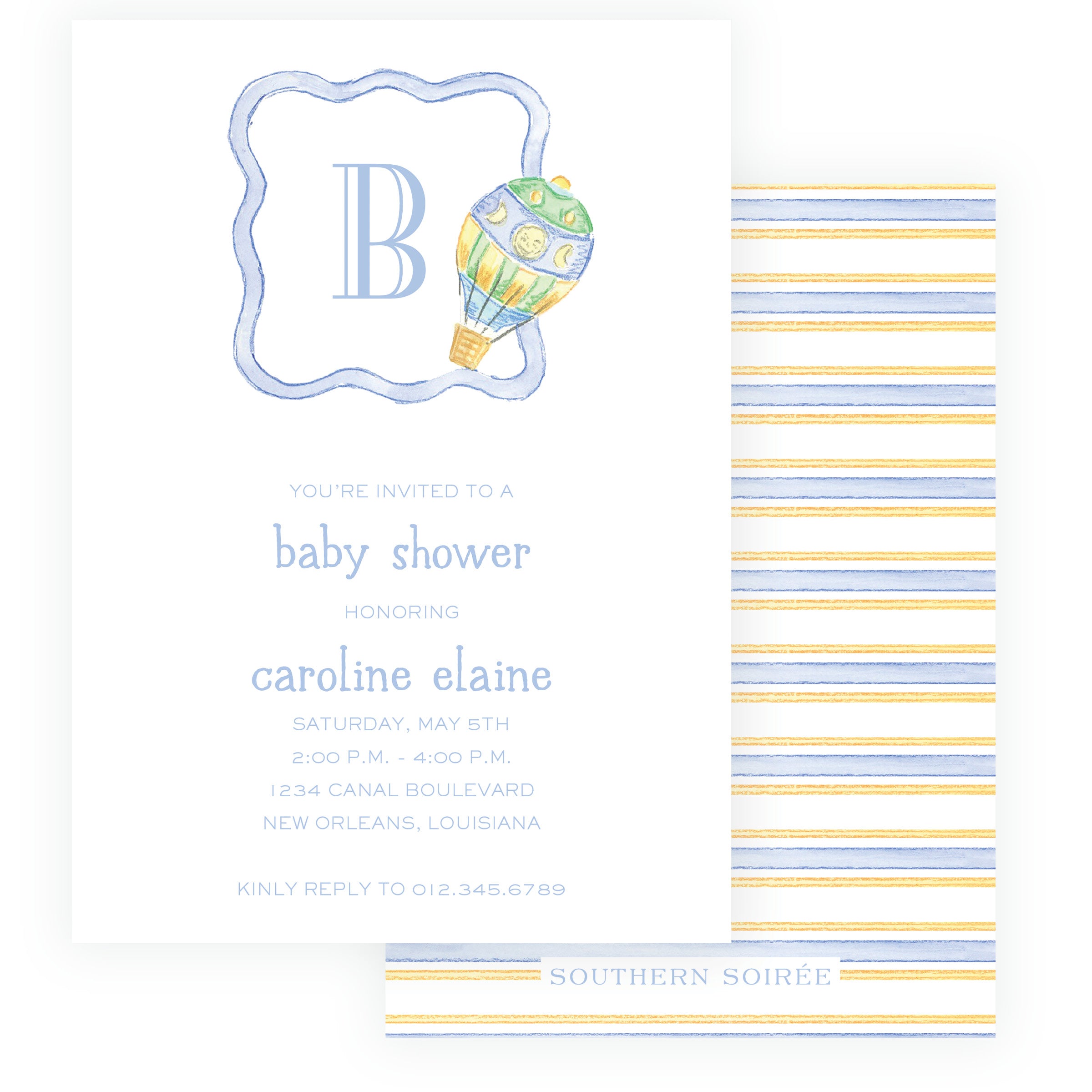 Baby blue hot air balloon crest baby shower invitation with personalized initial