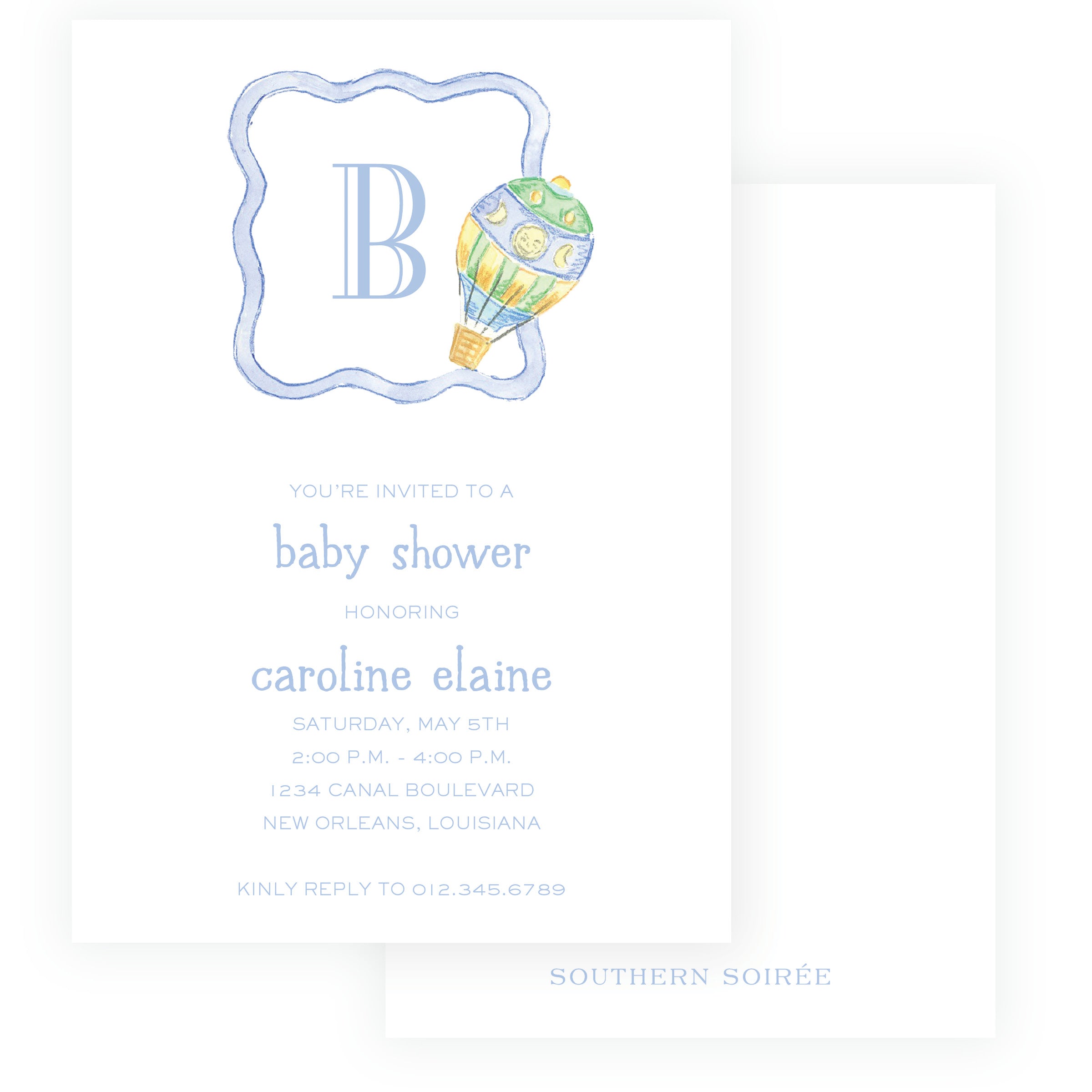 Baby Bleu Heirloom Hot Air Balloon Crest Baby Shower Invitation