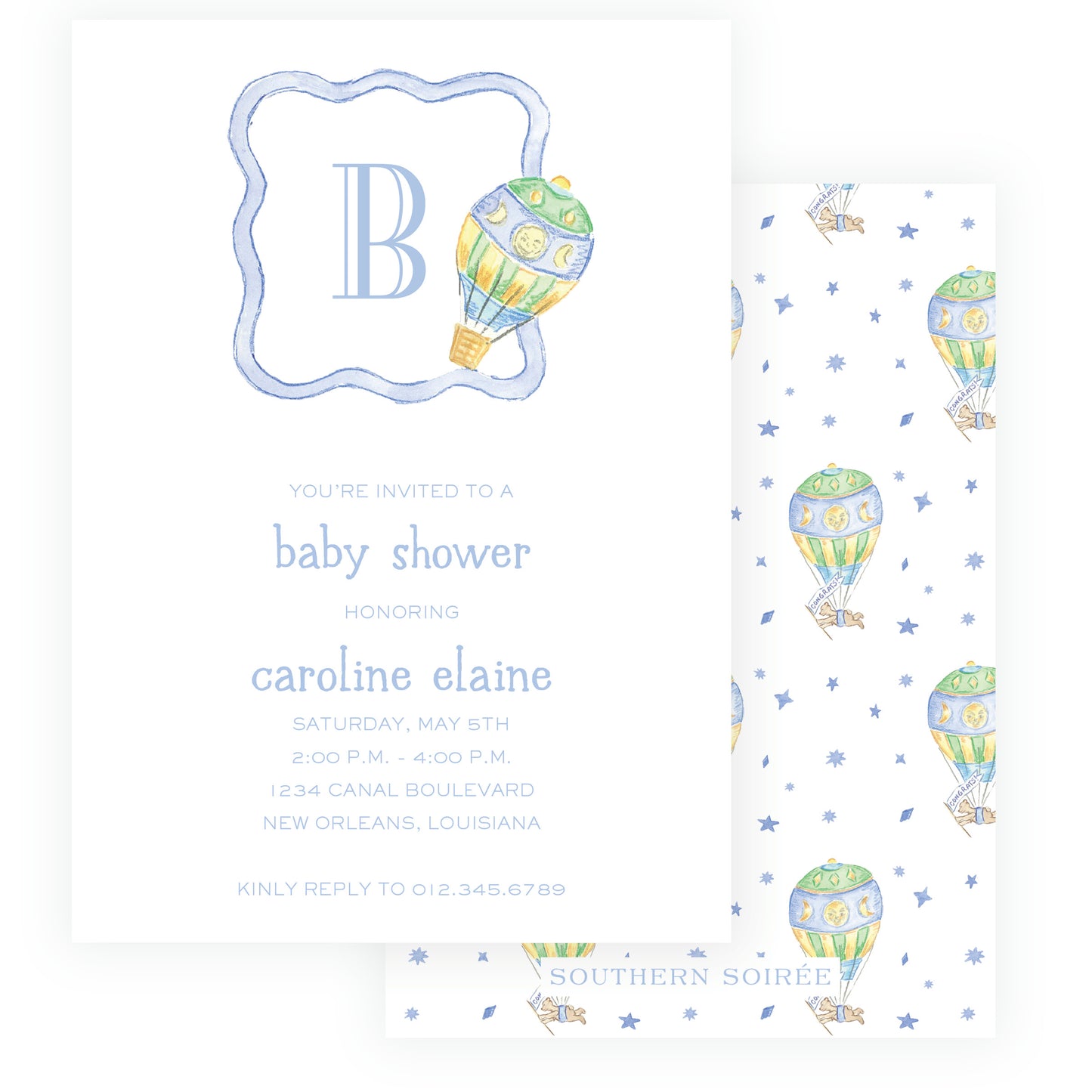 Up Up & Away Baby Bleu Heirloom Crest Invitation