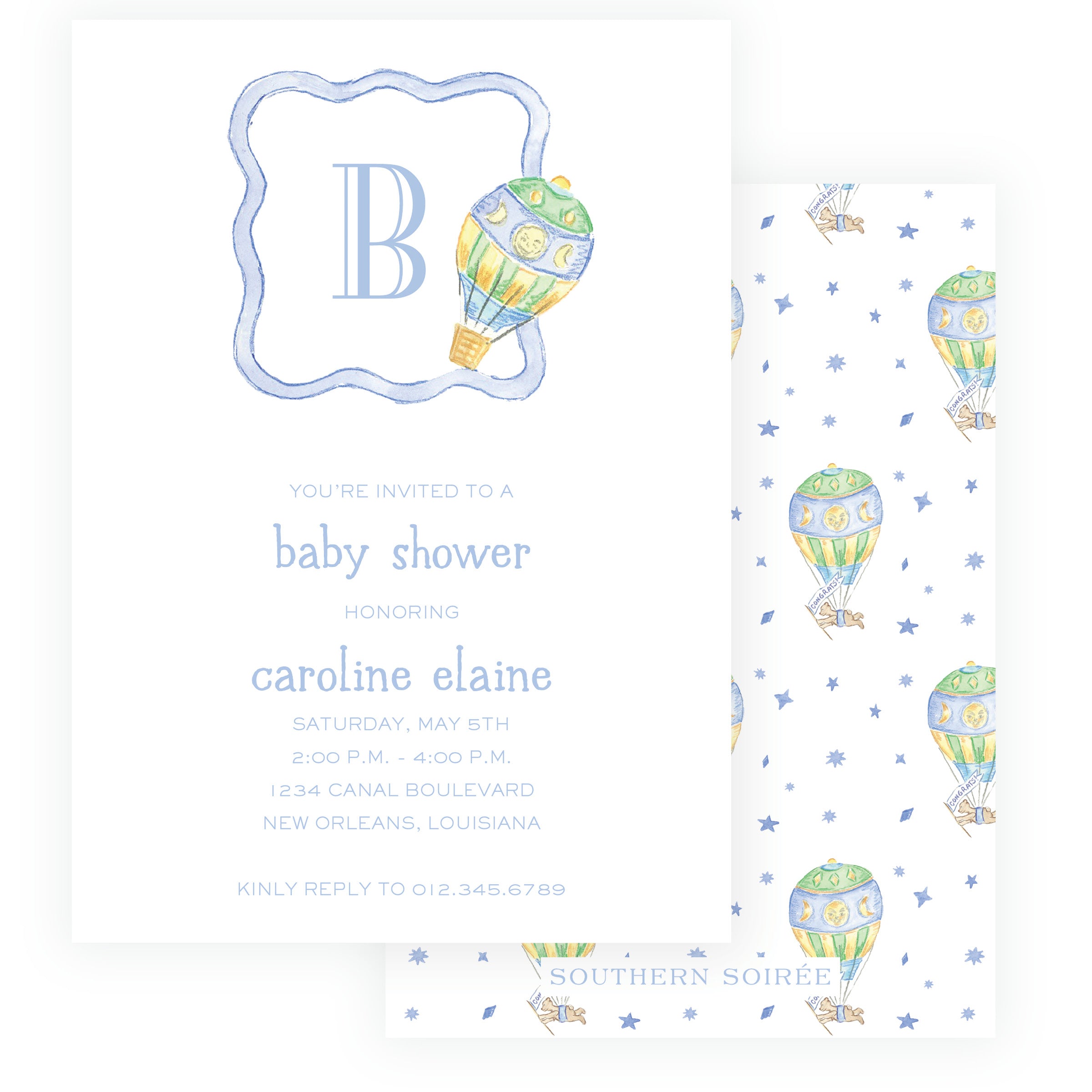 Baby Bleu Heirloom Hot Air Balloon Crest Baby Shower Invitation