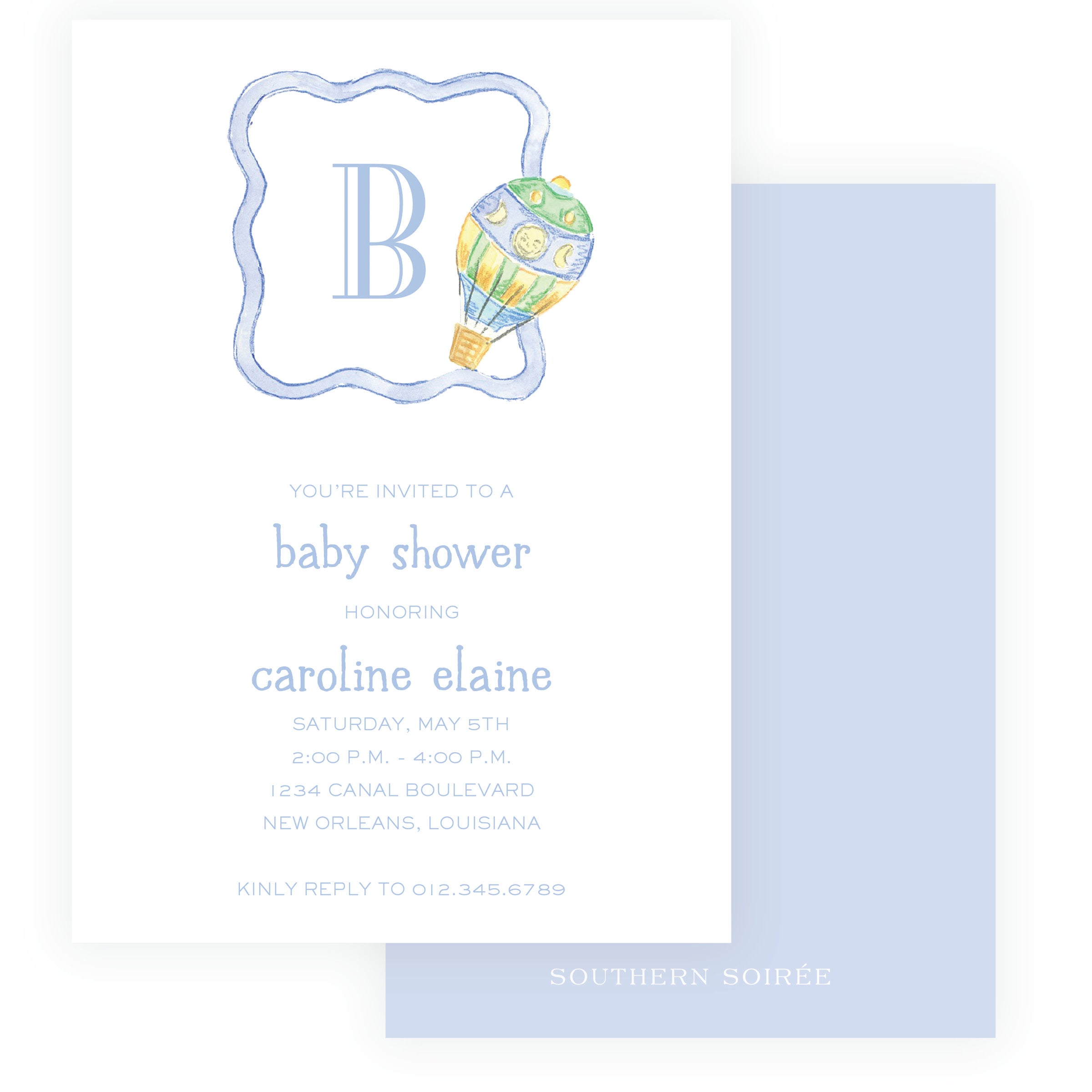 Baby Bleu Heirloom Hot Air Balloon Crest Baby Shower Invitation