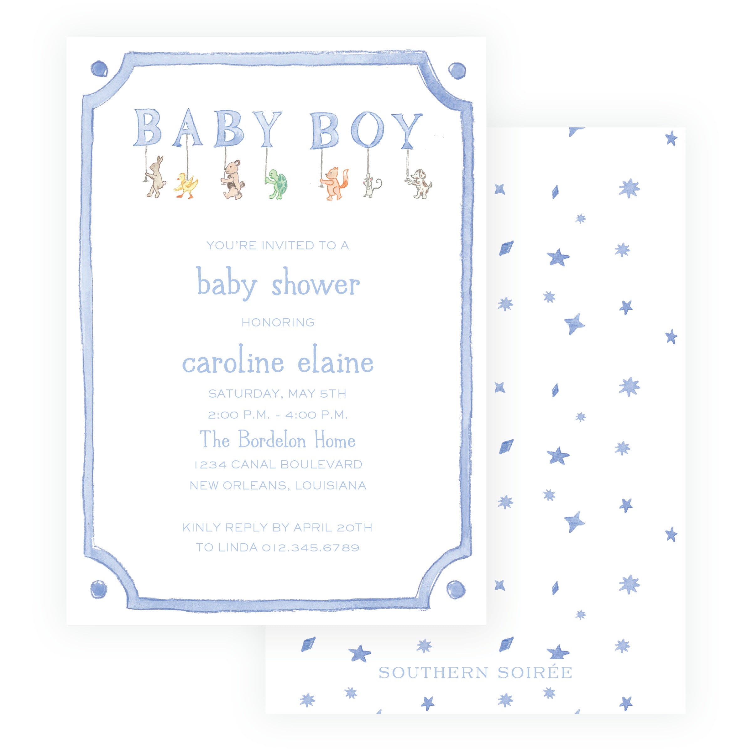 Baby blue woodland animal parade baby shower invitation with classic frame