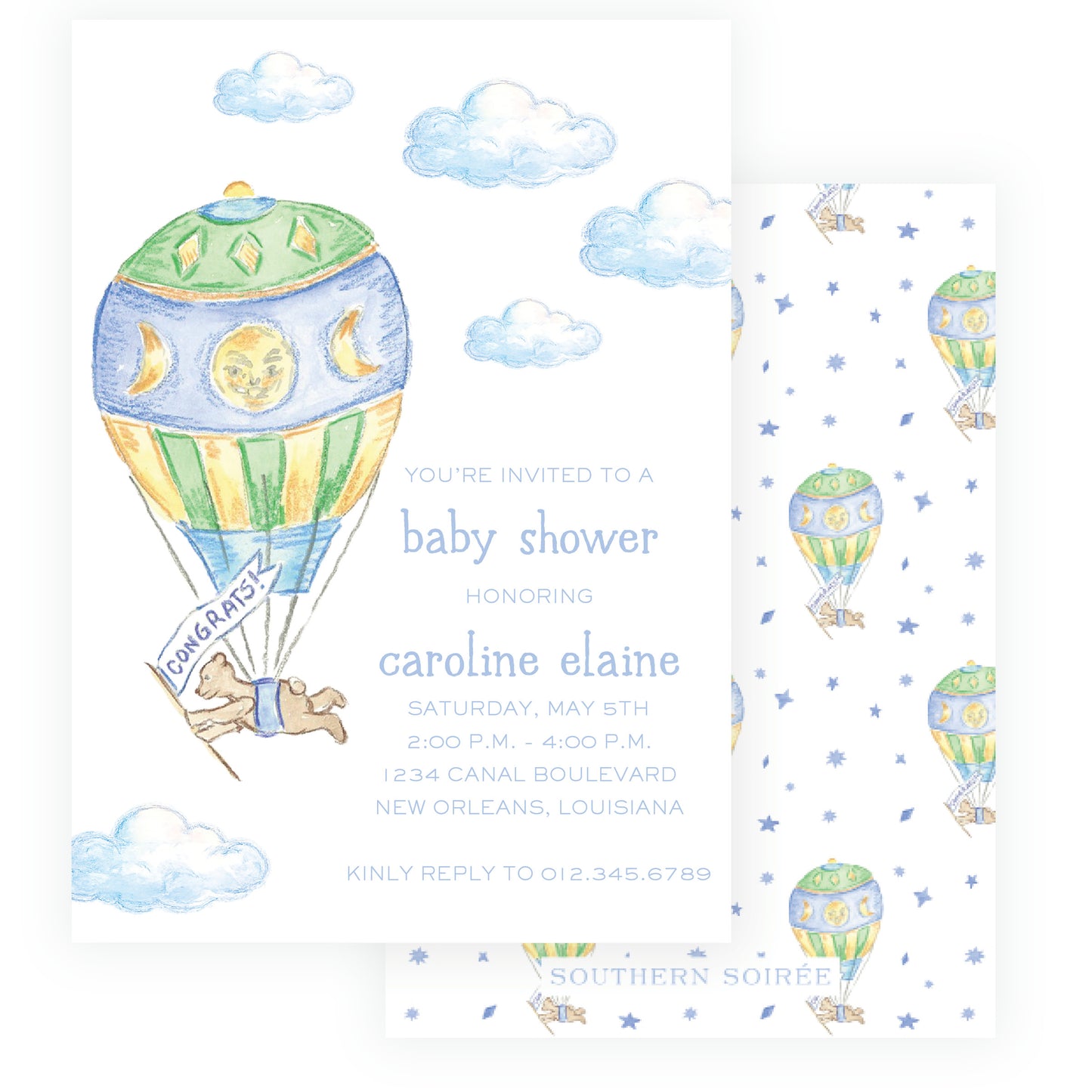 Up Up & Away Baby Bleu Heirloom Invitation