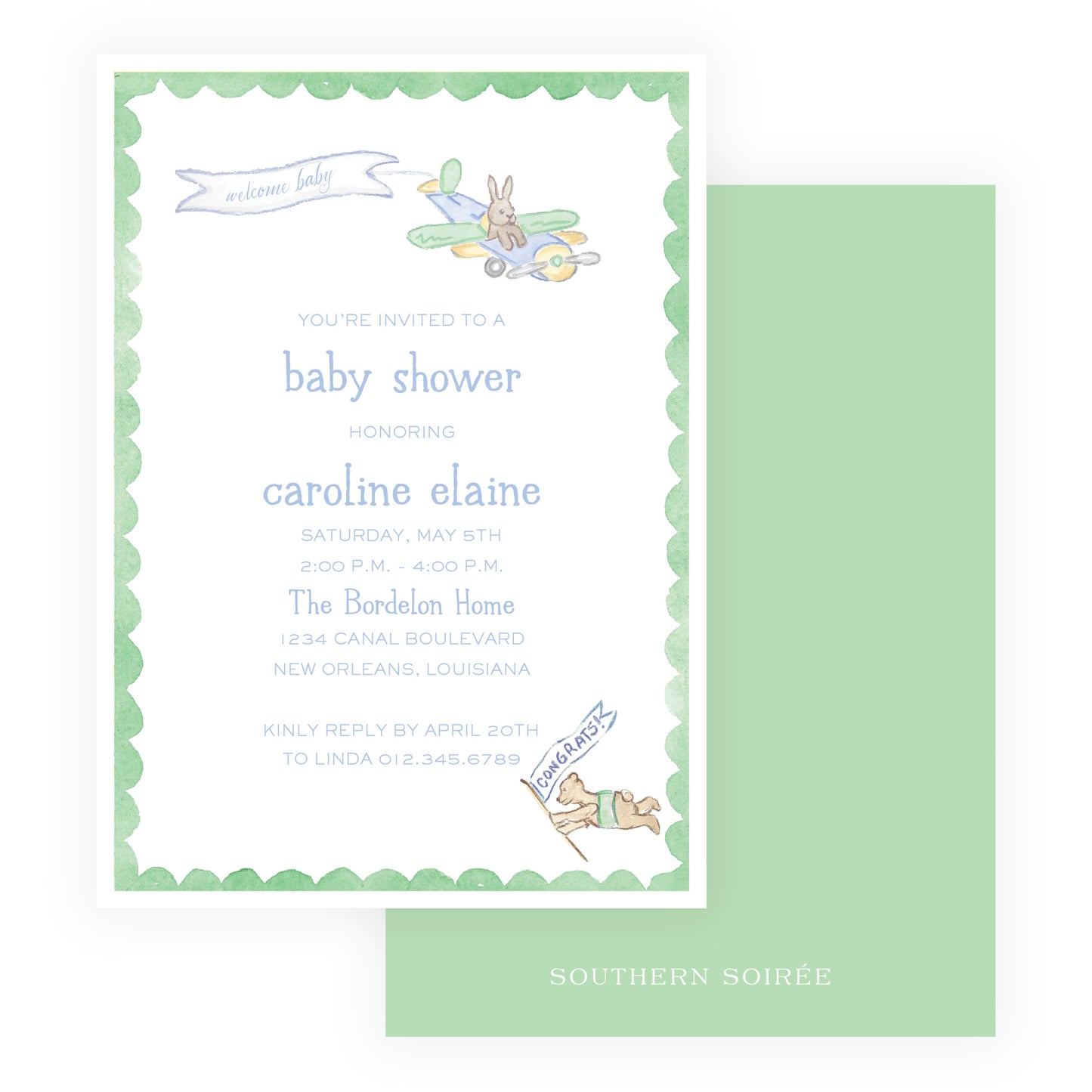 Little Explorer Baby Bleu Heirloom Scallop Frame Invitation