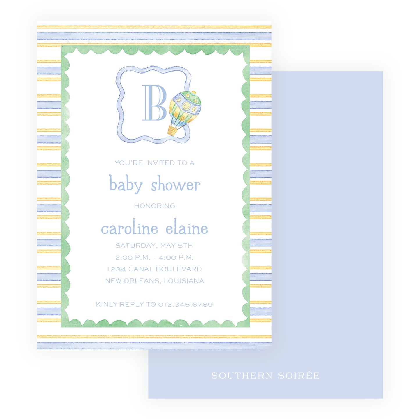 Up Up & Away Baby Bleu Heirloom Stripes Invitation