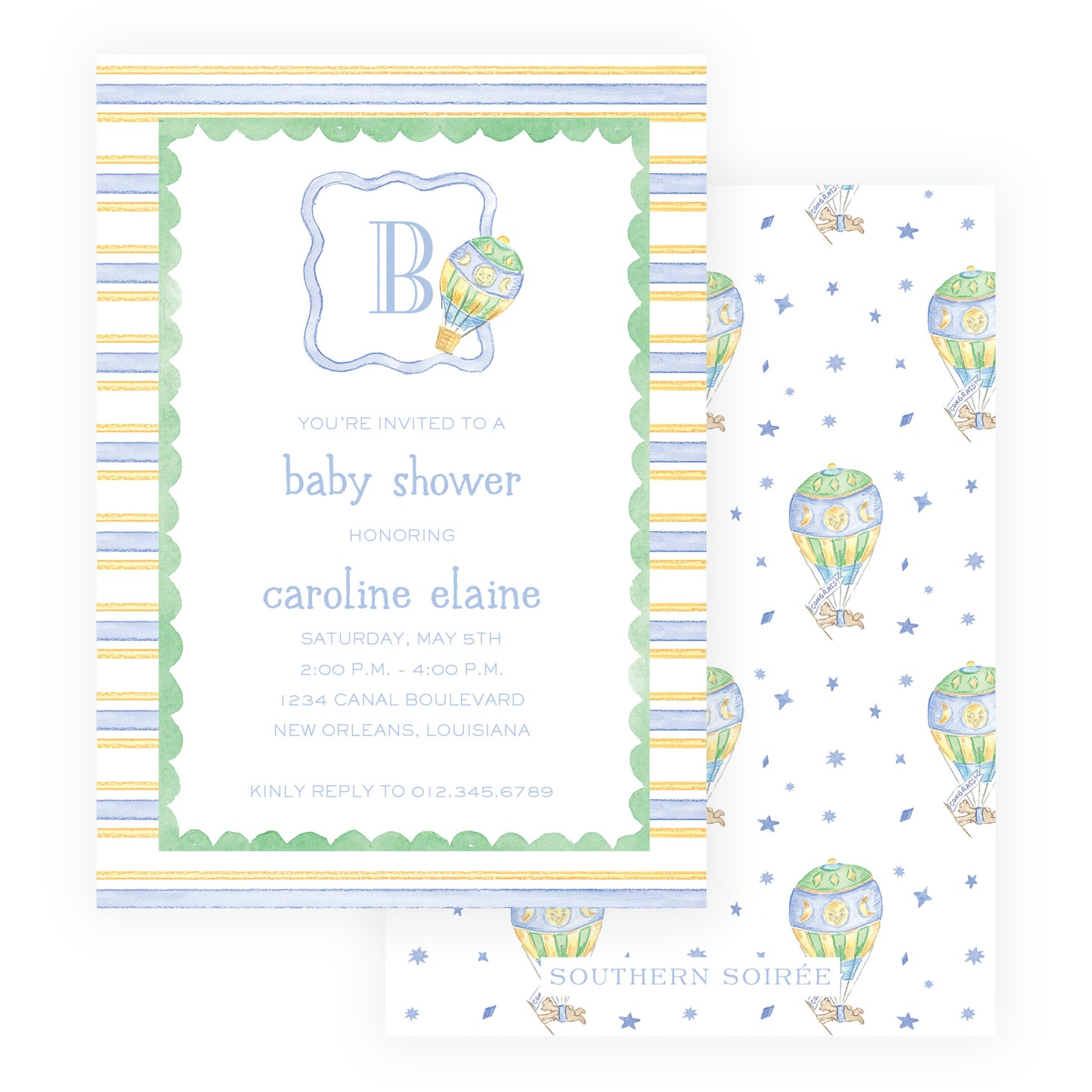 Up Up & Away Baby Bleu Heirloom Stripes Invitation