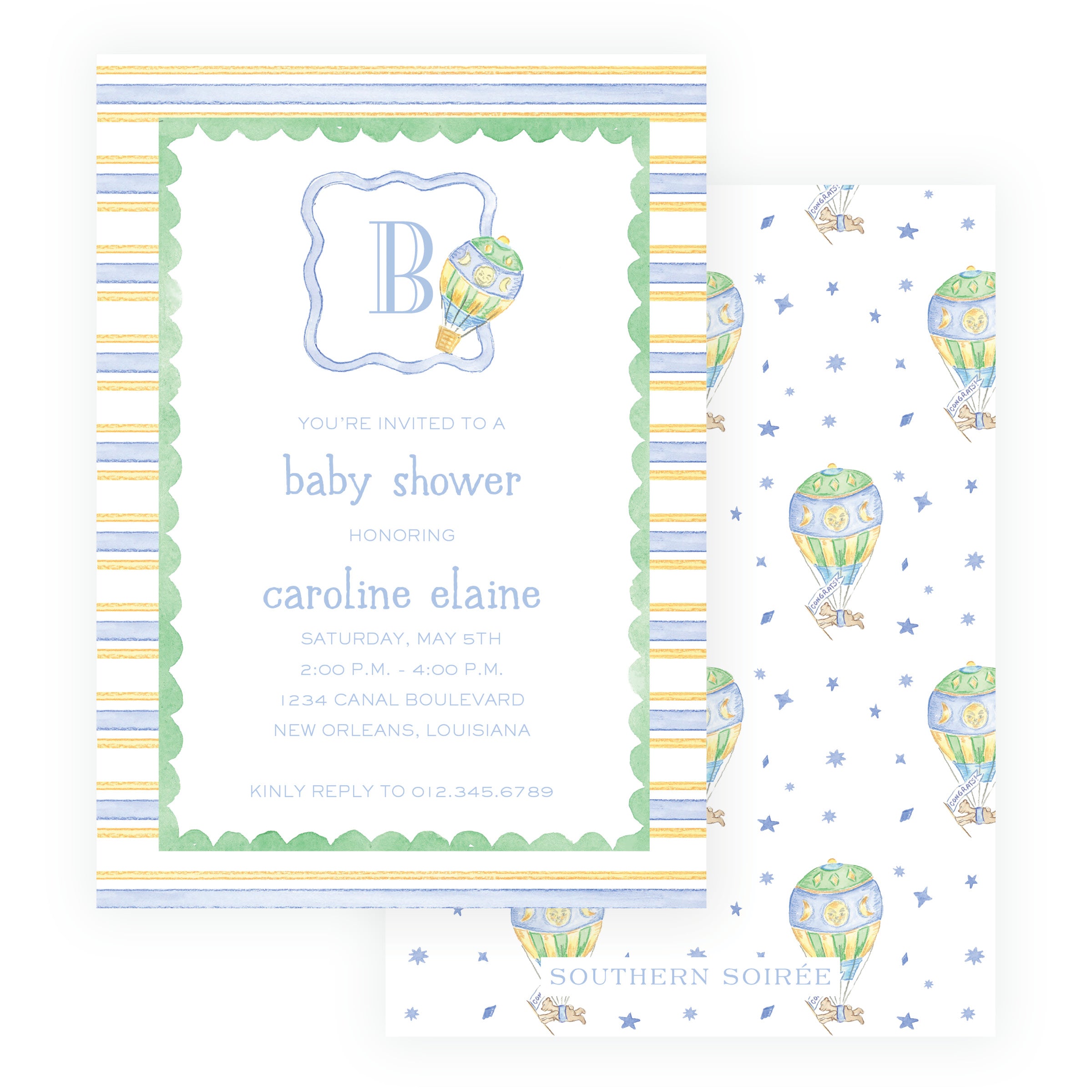 Baby Bleu Heirloom Hot Air Balloon Striped Baby Shower Invitation