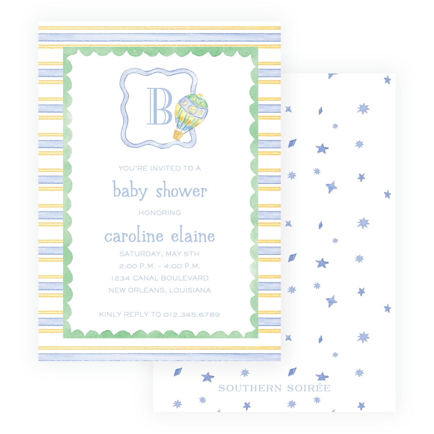 Up Up & Away Baby Bleu Heirloom Stripes Invitation
