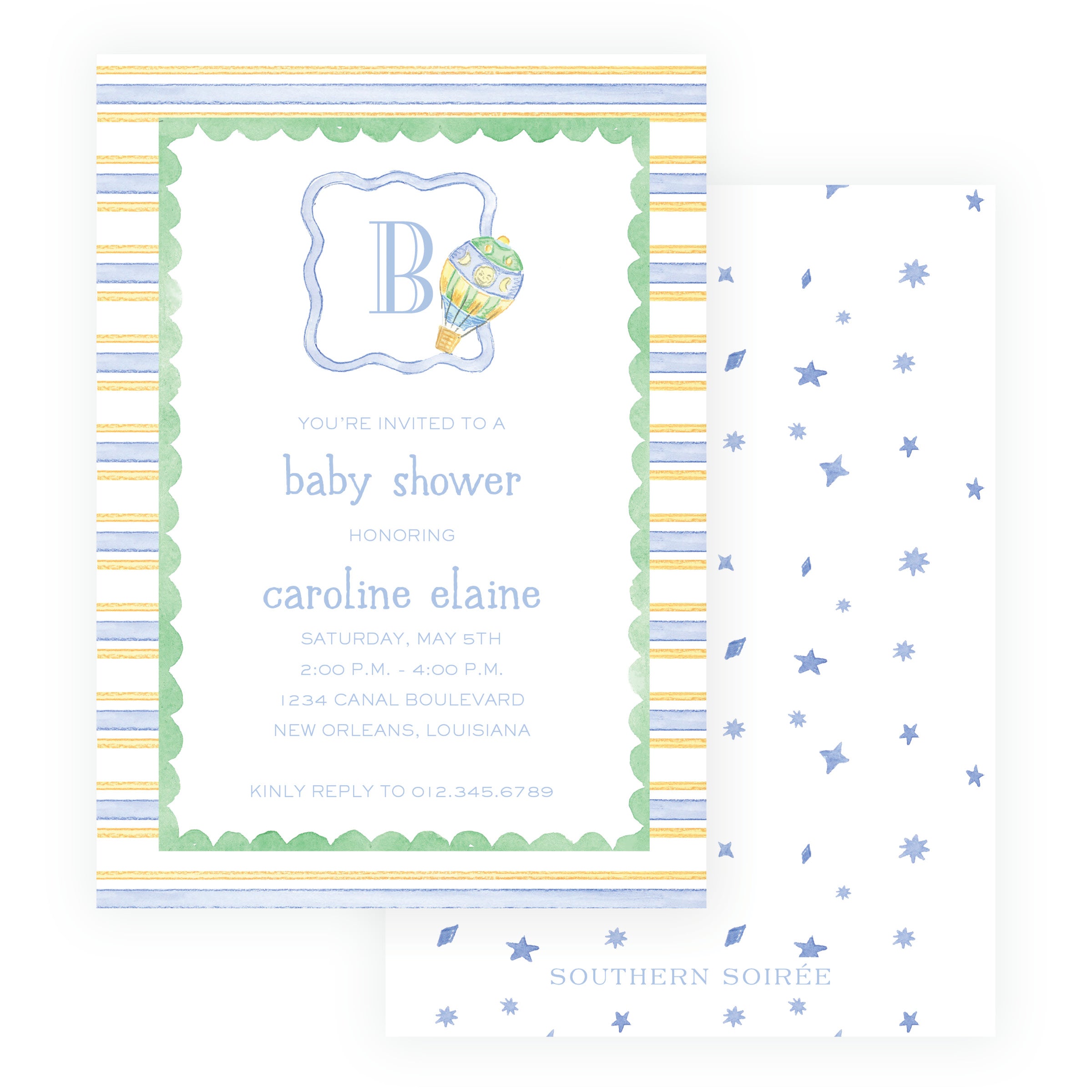 Baby Bleu Heirloom Hot Air Balloon Striped Baby Shower Invitation