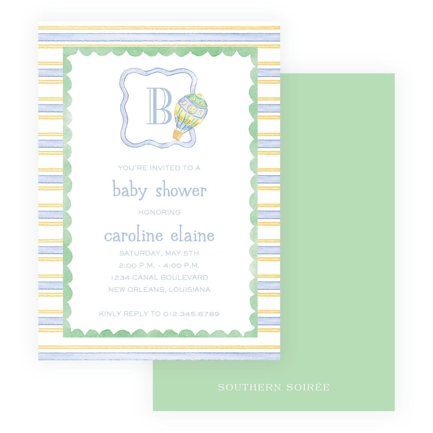 Up Up & Away Baby Bleu Heirloom Stripes Invitation