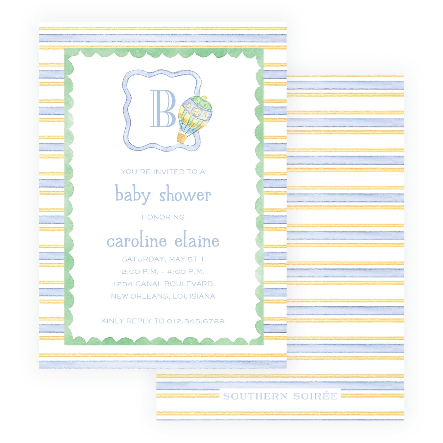Up Up & Away Baby Bleu Heirloom Stripes Invitation