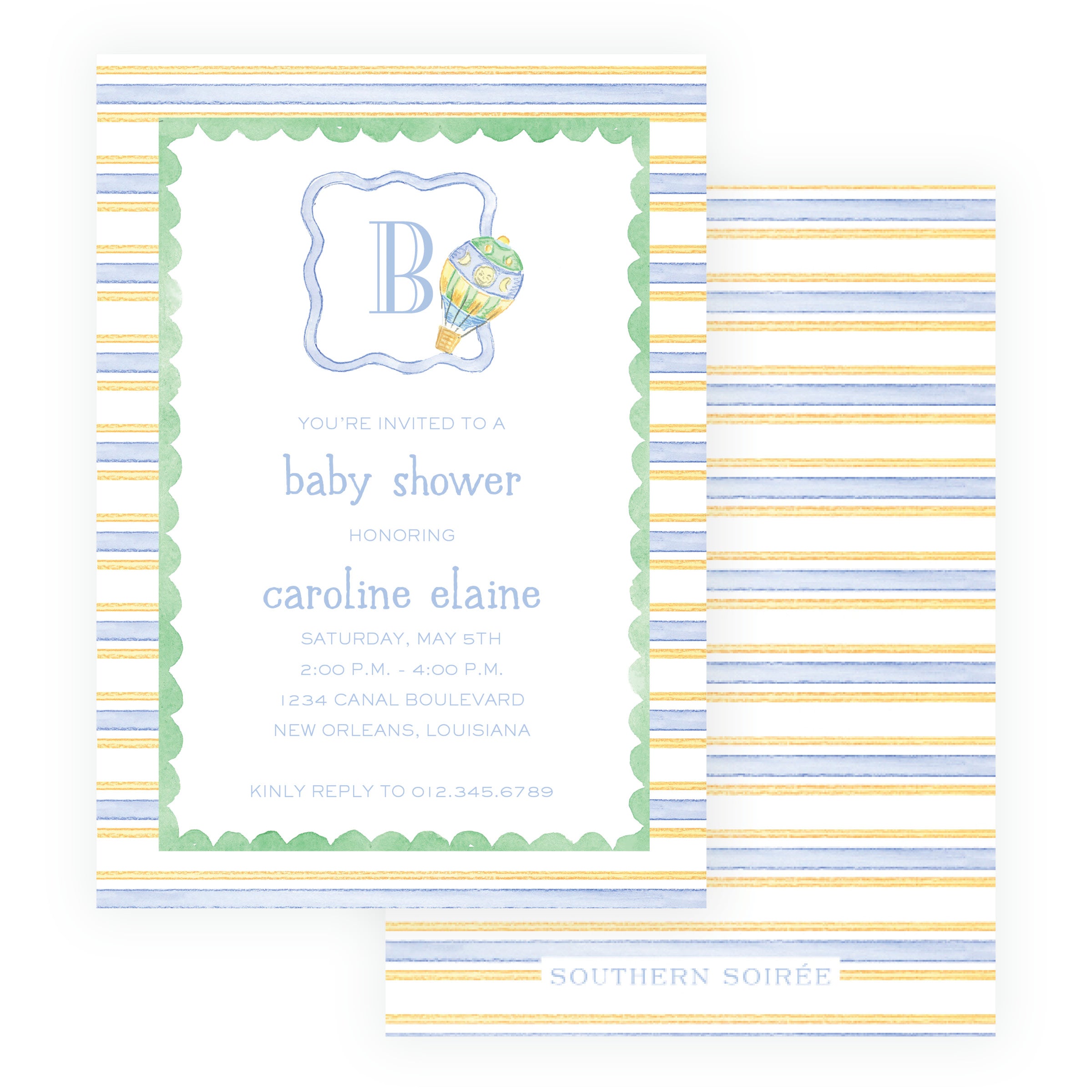 Baby Bleu Heirloom Hot Air Balloon Striped Baby Shower Invitation