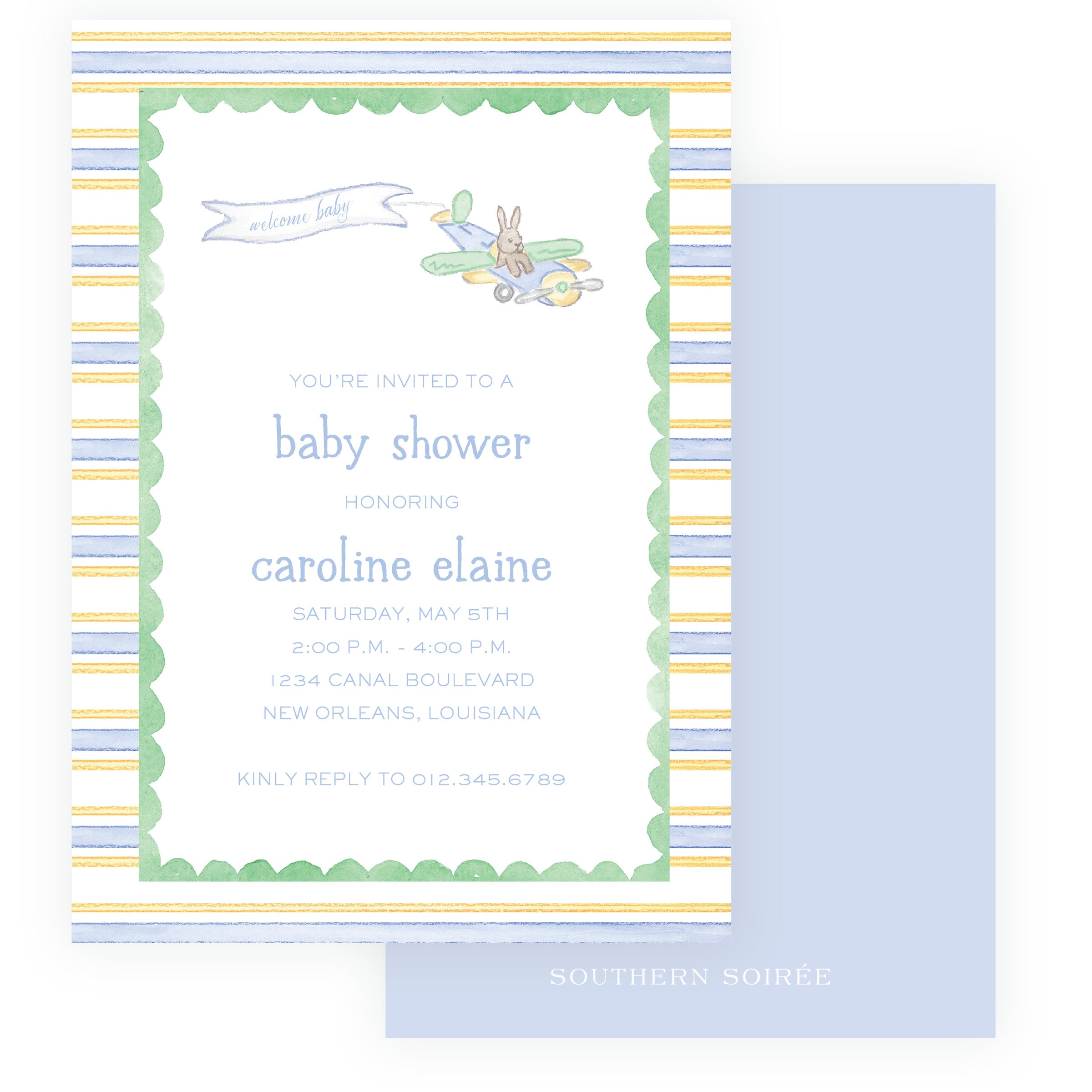 Baby blue little explorer airplane baby shower invitation with rabbit and striped border