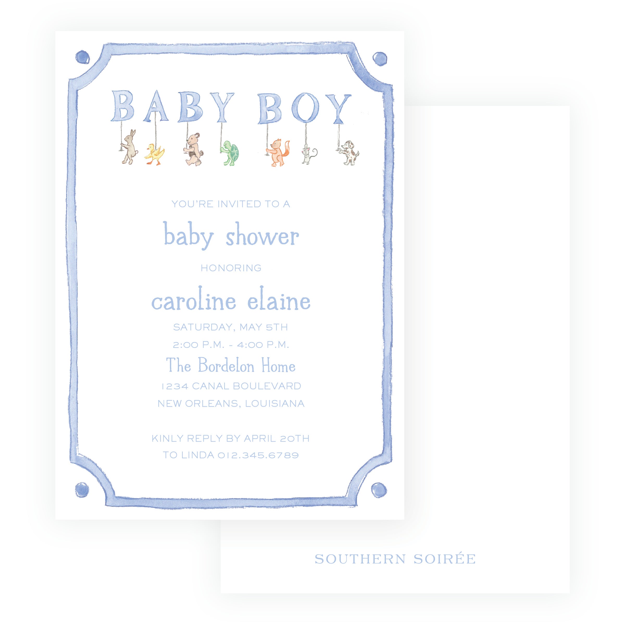 Baby Bleu Heirloom Woodland Animal Parade Framed Baby Shower Invitation