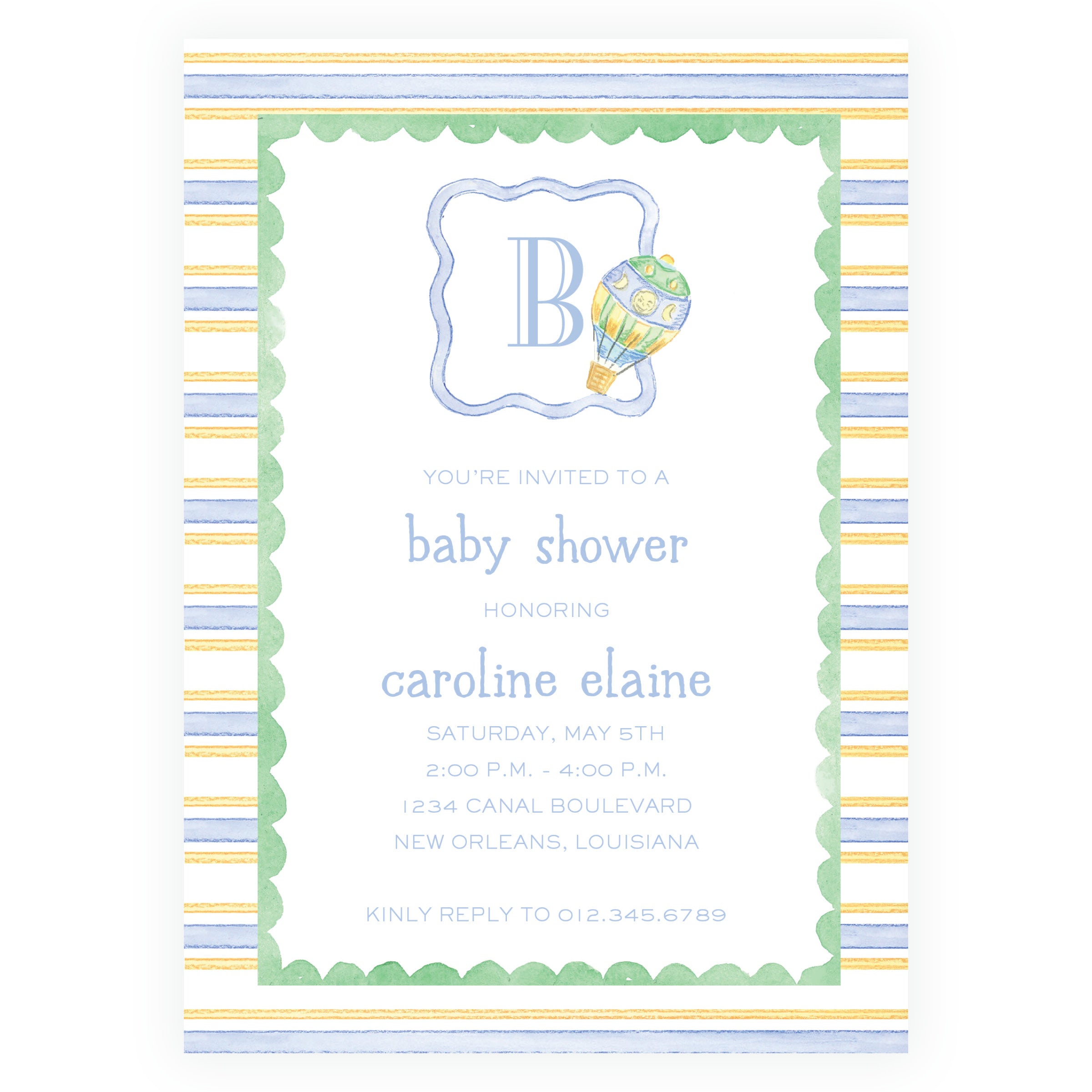 Baby Bleu Heirloom Hot Air Balloon Striped Baby Shower Invitation