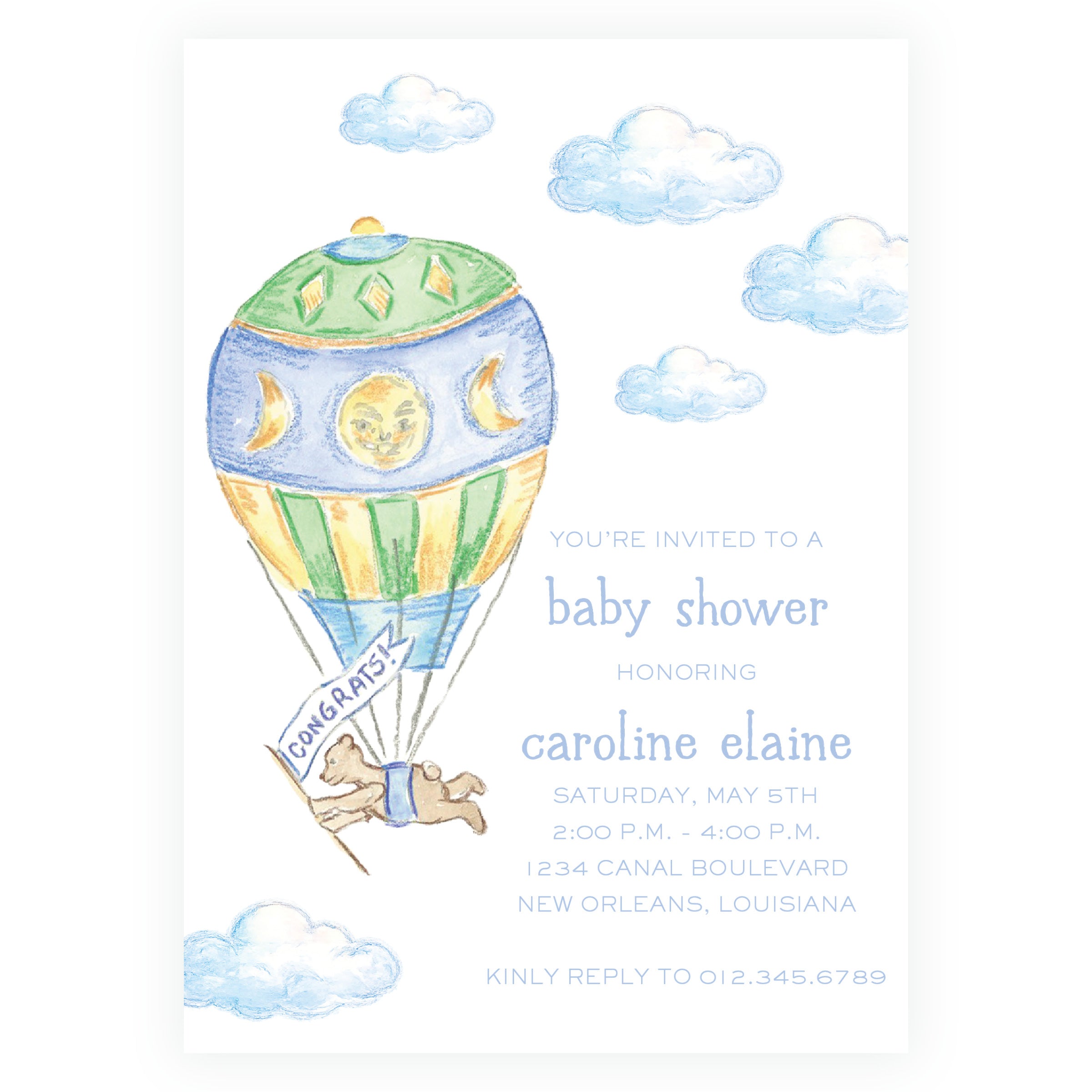 Up Up & Away Baby Bleu Heirloom Invitation