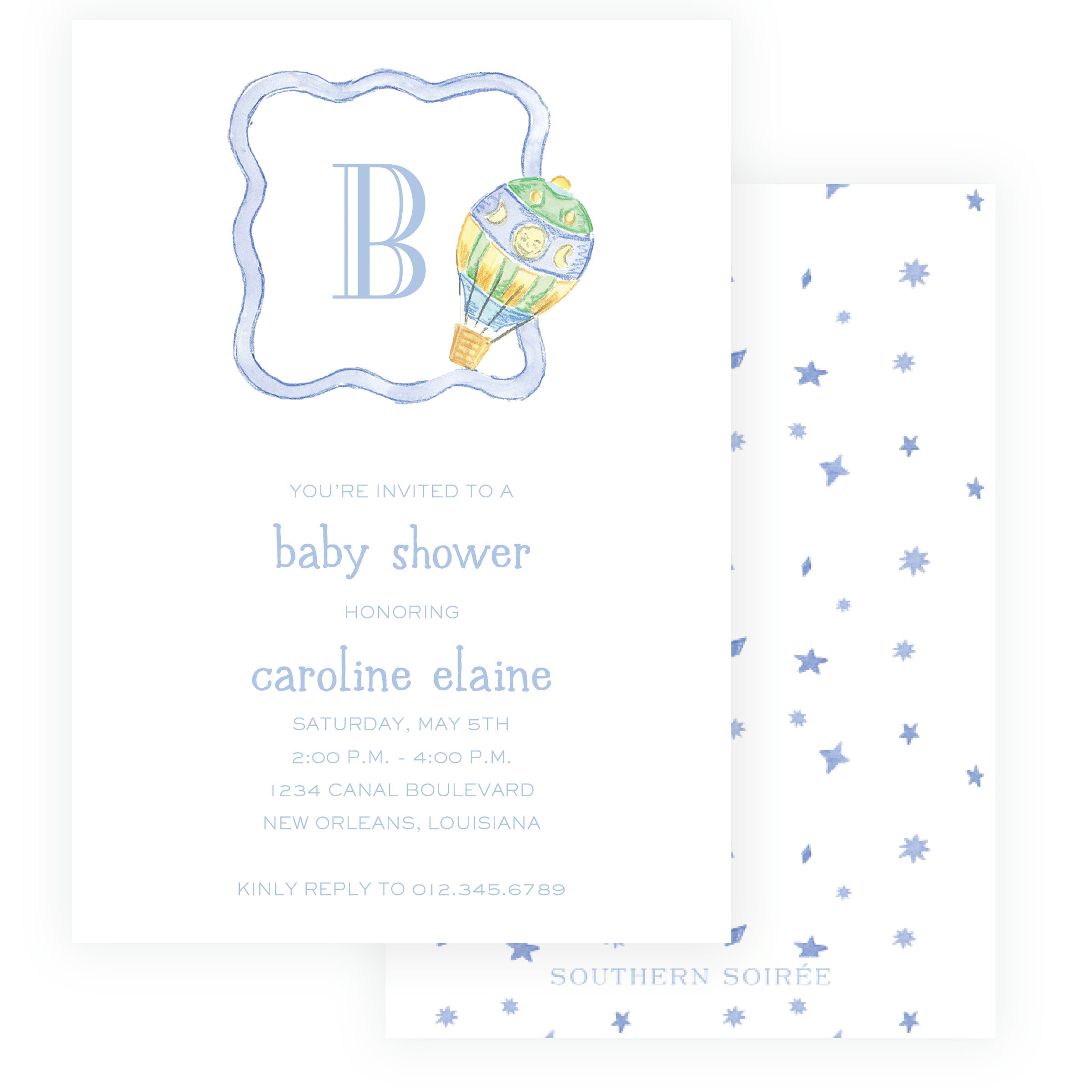 Baby Bleu Heirloom Hot Air Balloon Crest Baby Shower Invitation