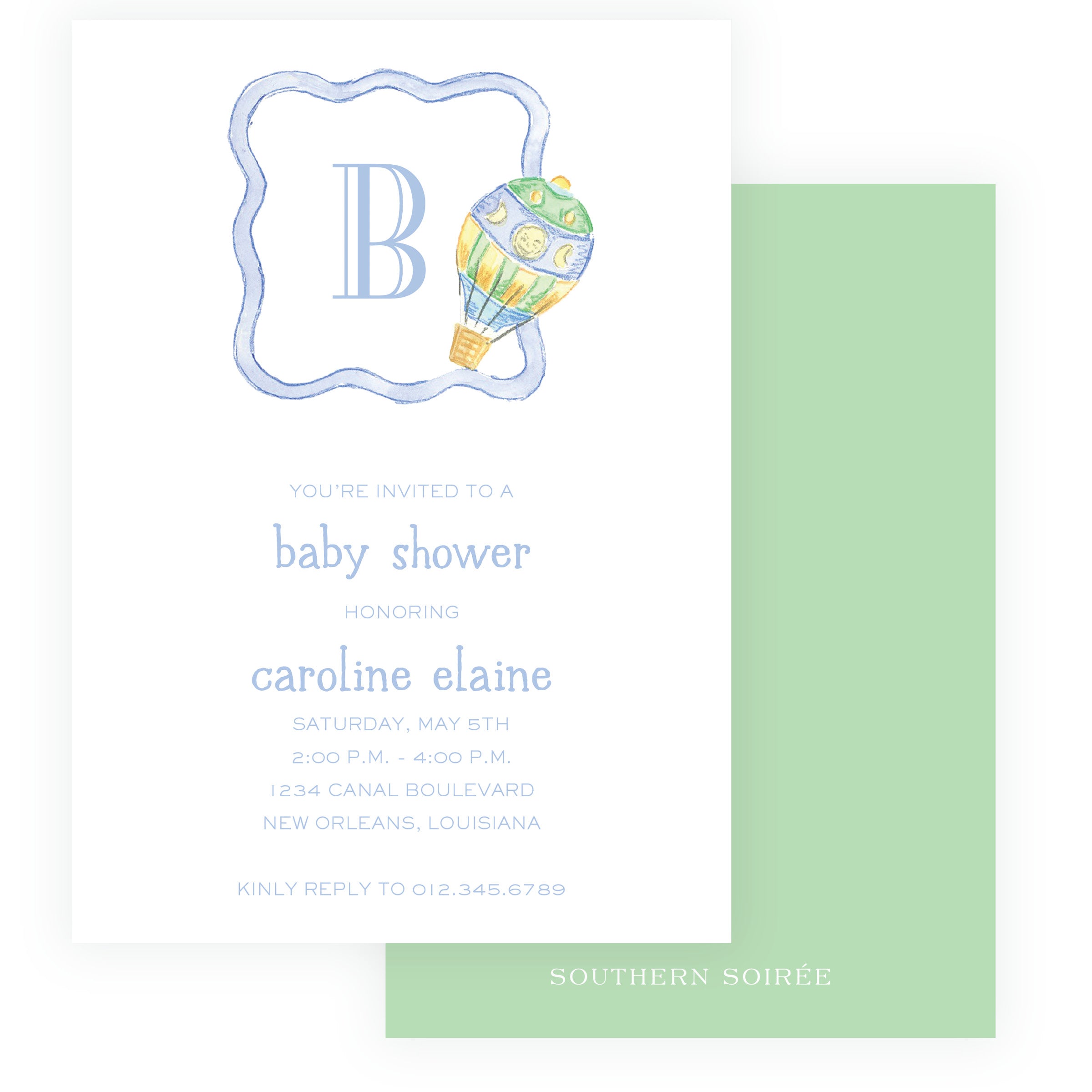 Baby Bleu Heirloom Hot Air Balloon Crest Baby Shower Invitation