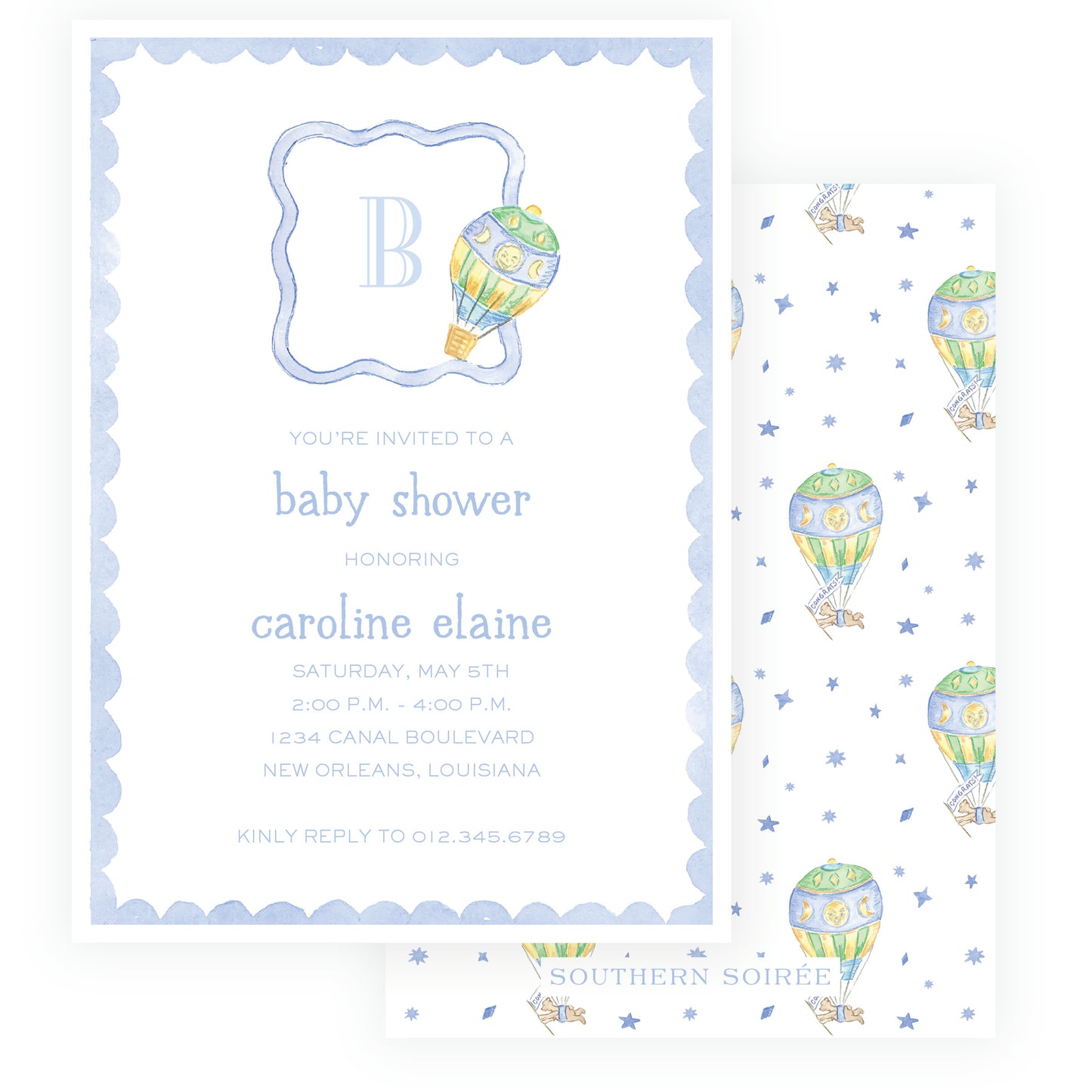 Up Up & Away Baby Bleu Heirloom Scallop Frame Invitation