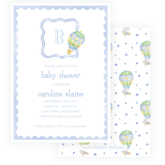 Up Up & Away Baby Bleu Heirloom Scallop Frame Invitation