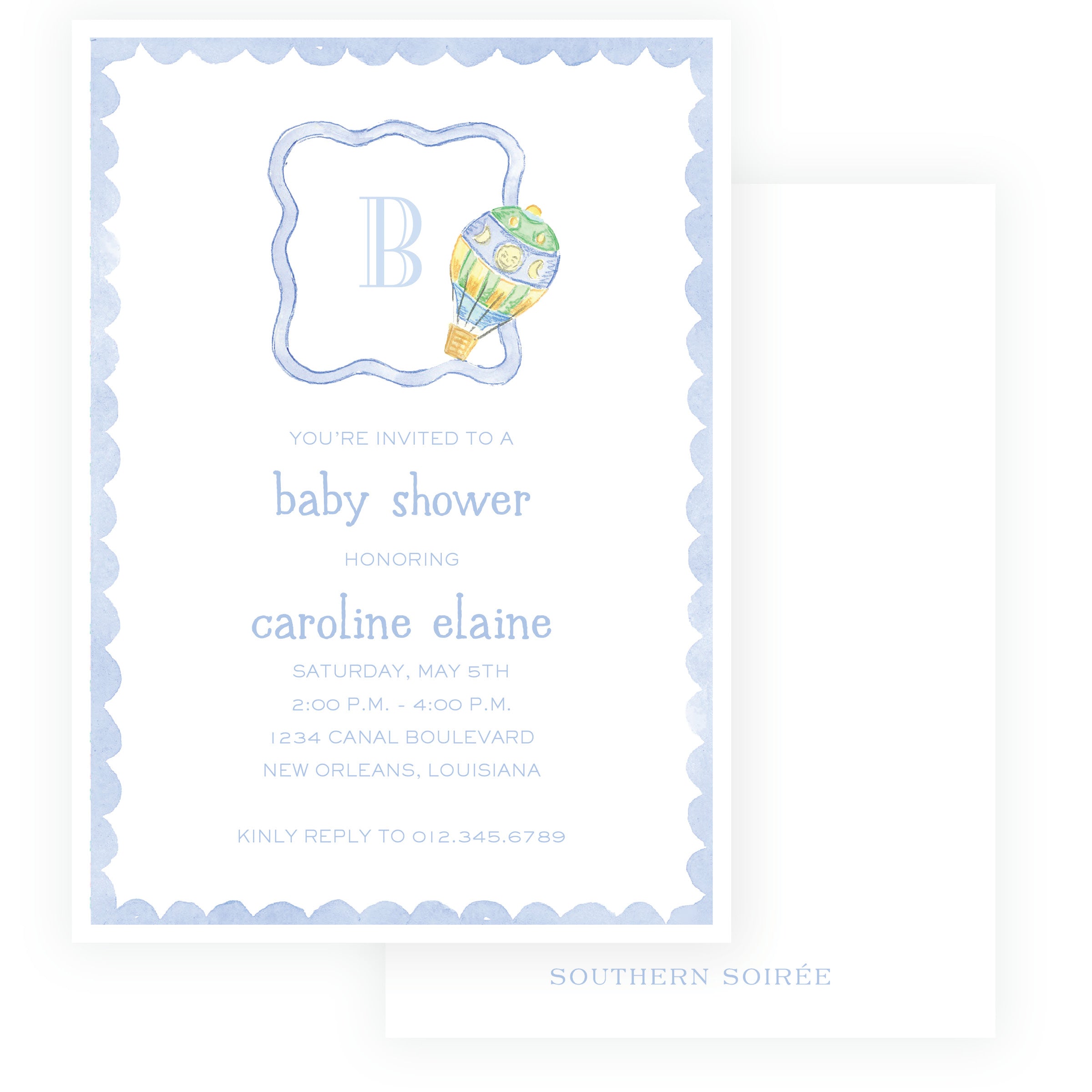 Baby Bleu Heirloom Hot Air Balloon Monogram Baby Shower Invitation