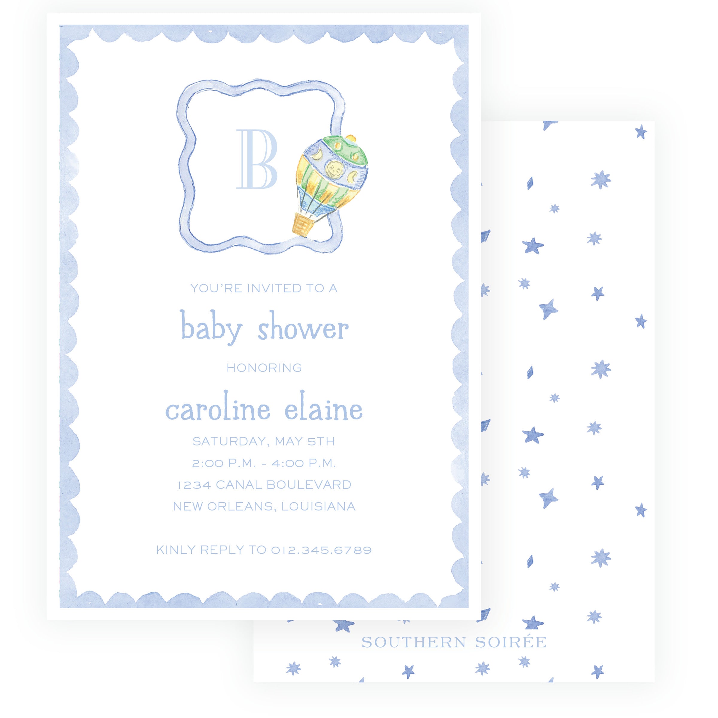 Baby Bleu Heirloom Hot Air Balloon Monogram Baby Shower Invitation