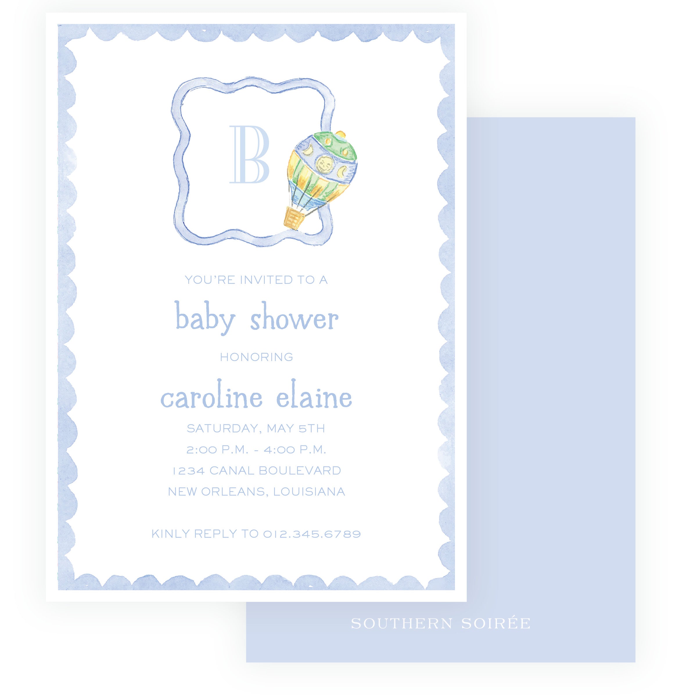 Baby Bleu Heirloom Hot Air Balloon Monogram Baby Shower Invitation