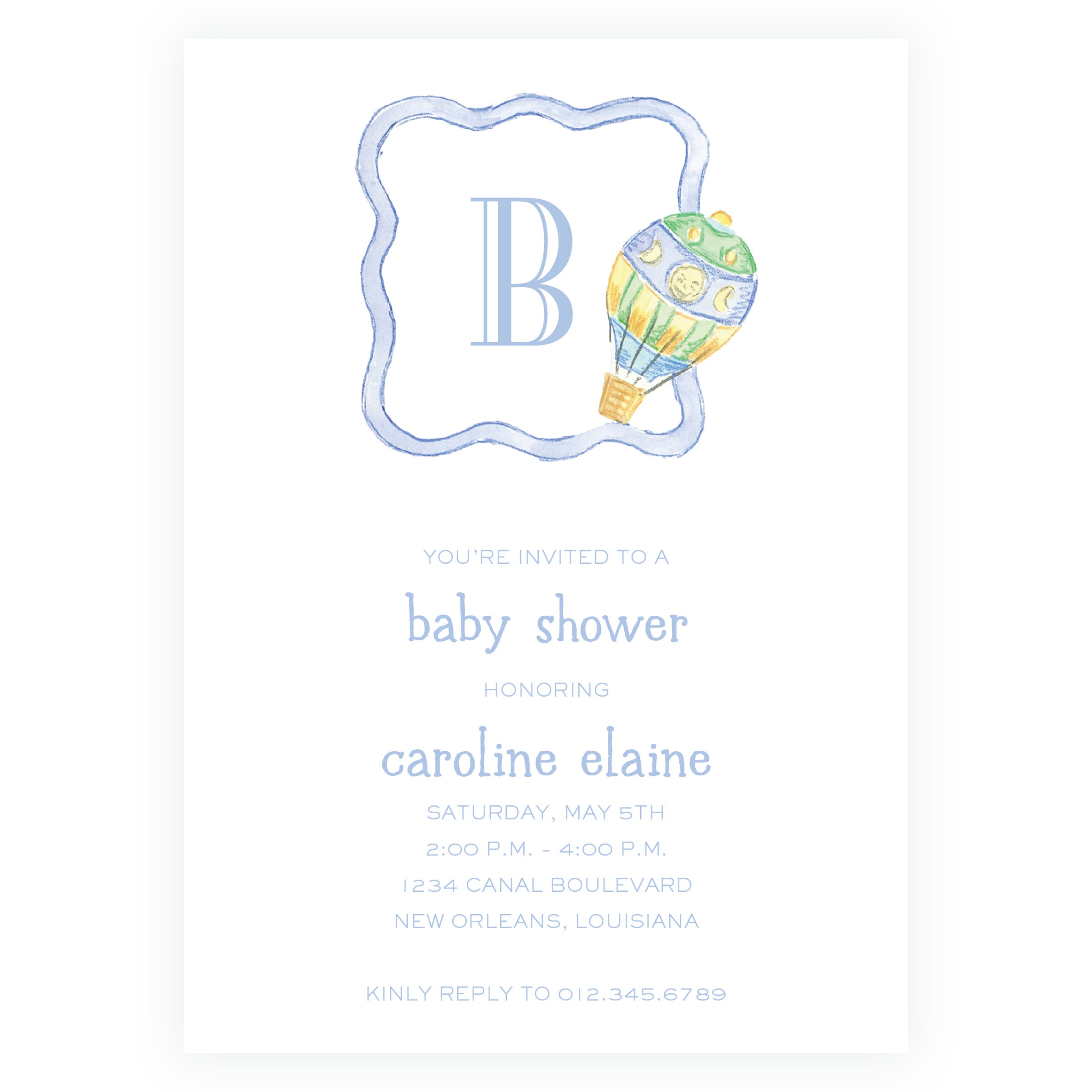 Baby Bleu Heirloom Hot Air Balloon Crest Baby Shower Invitation