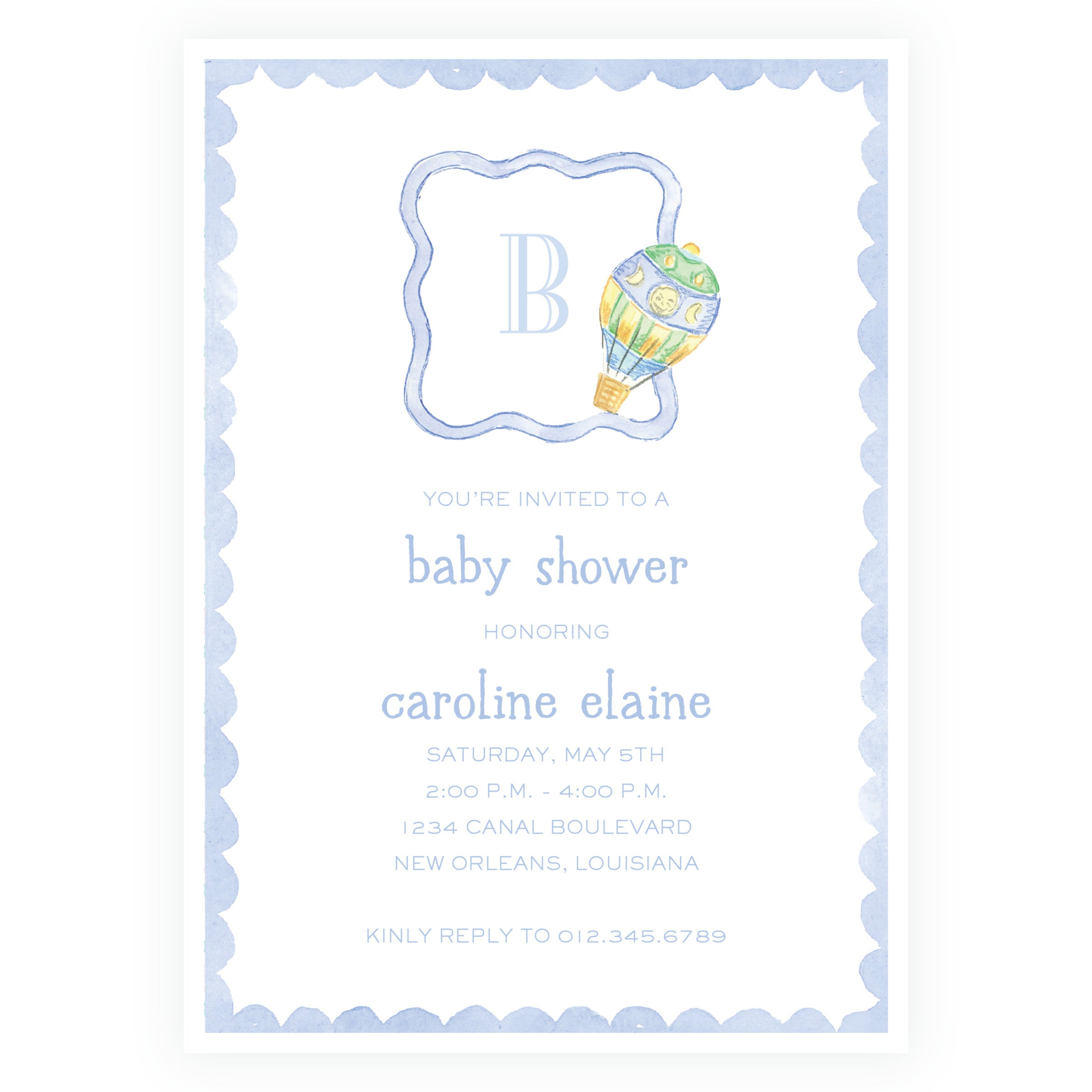 Baby Bleu Heirloom Hot Air Balloon Monogram Baby Shower Invitation