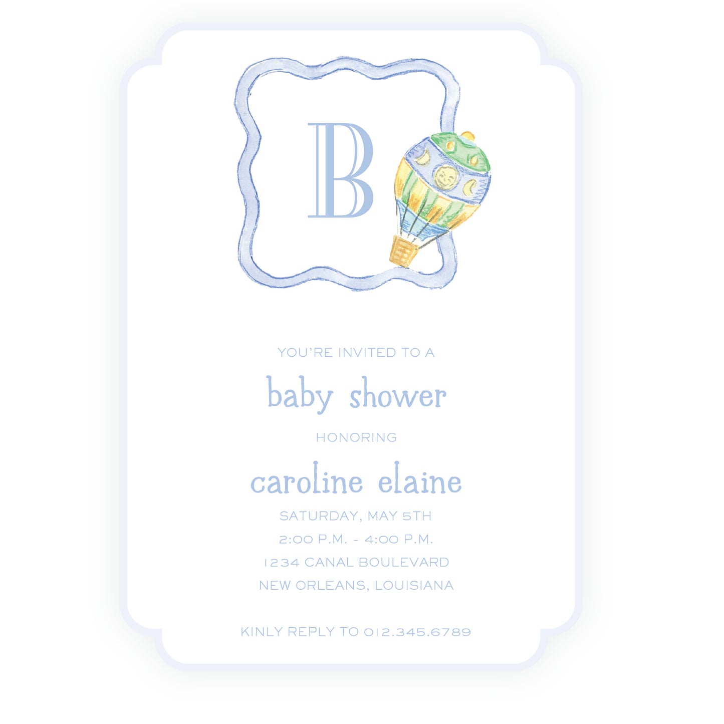 Up Up & Away Baby Bleu Heirloom Crest Invitation