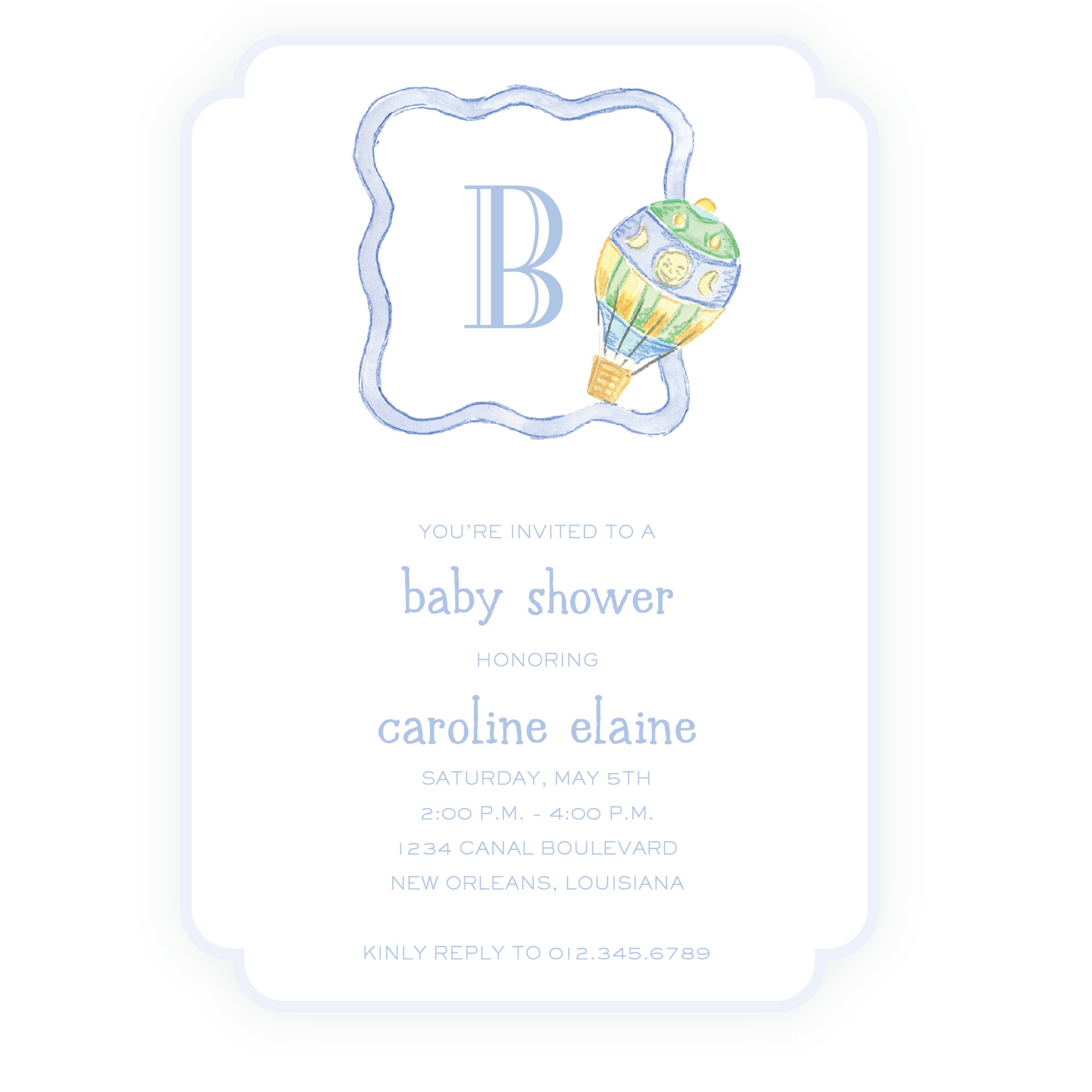 Baby Bleu Heirloom Hot Air Balloon Crest Baby Shower Invitation