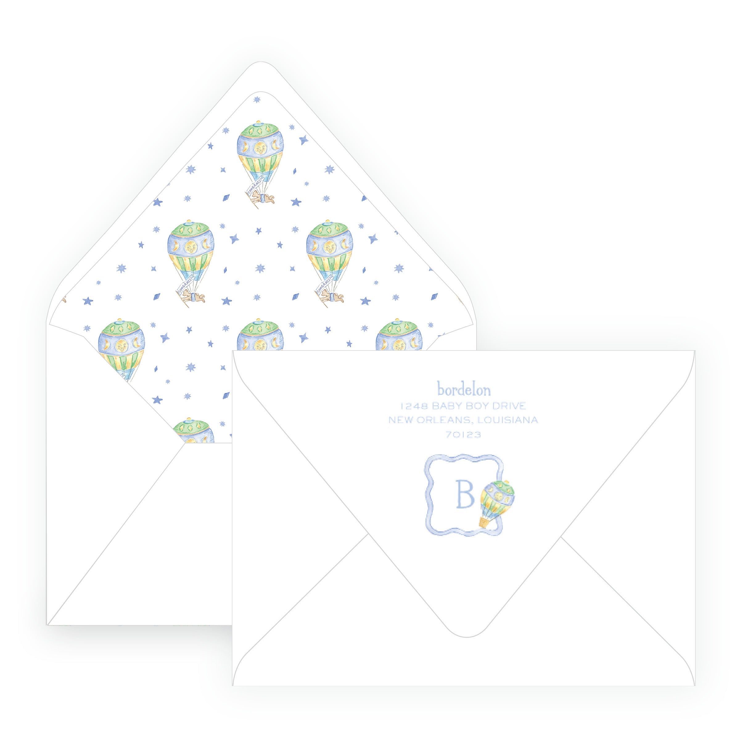 Baby Bleu Heirloom Hot Air Balloon Crest Baby Shower Invitation