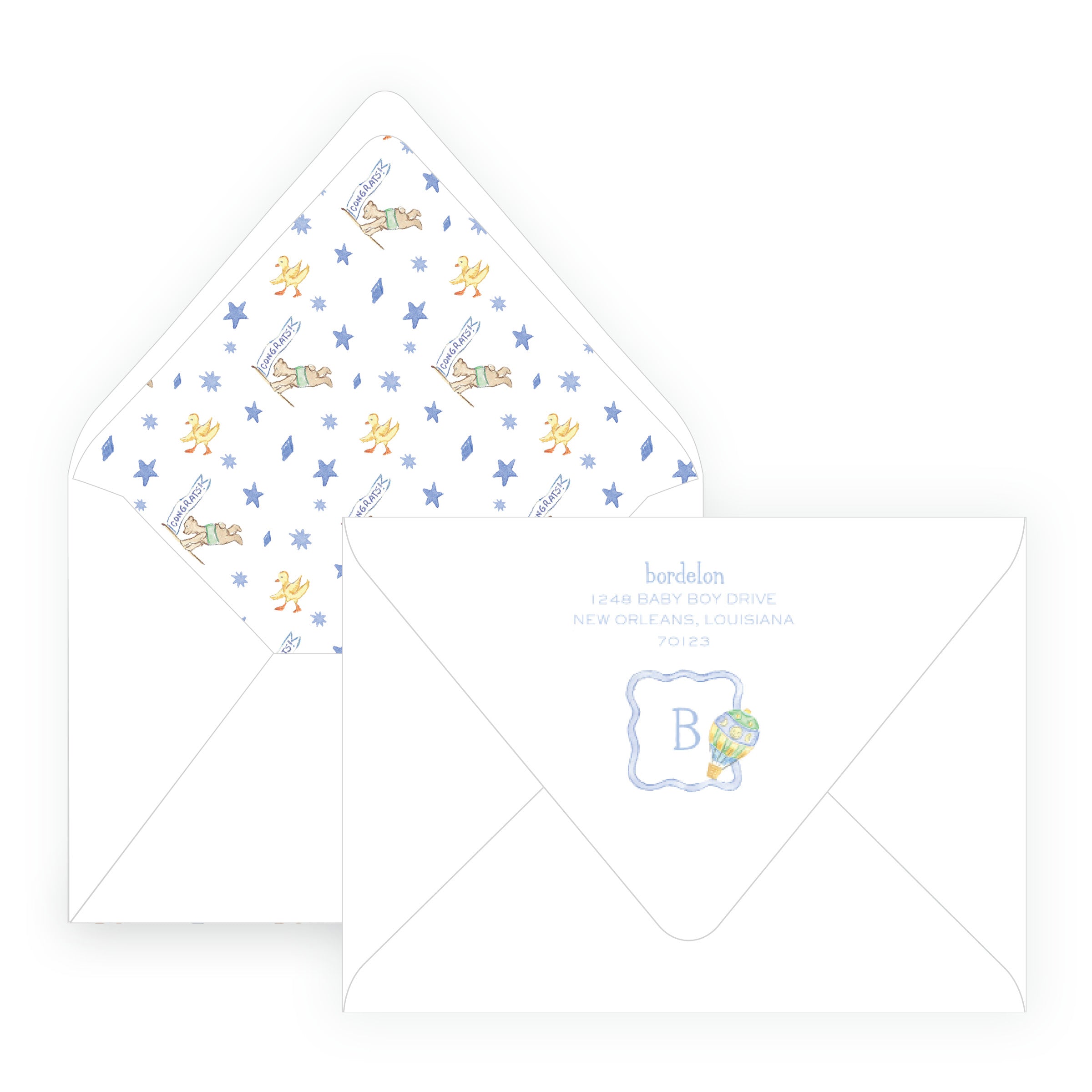 Baby Bleu Heirloom Hot Air Balloon Crest Baby Shower Invitation