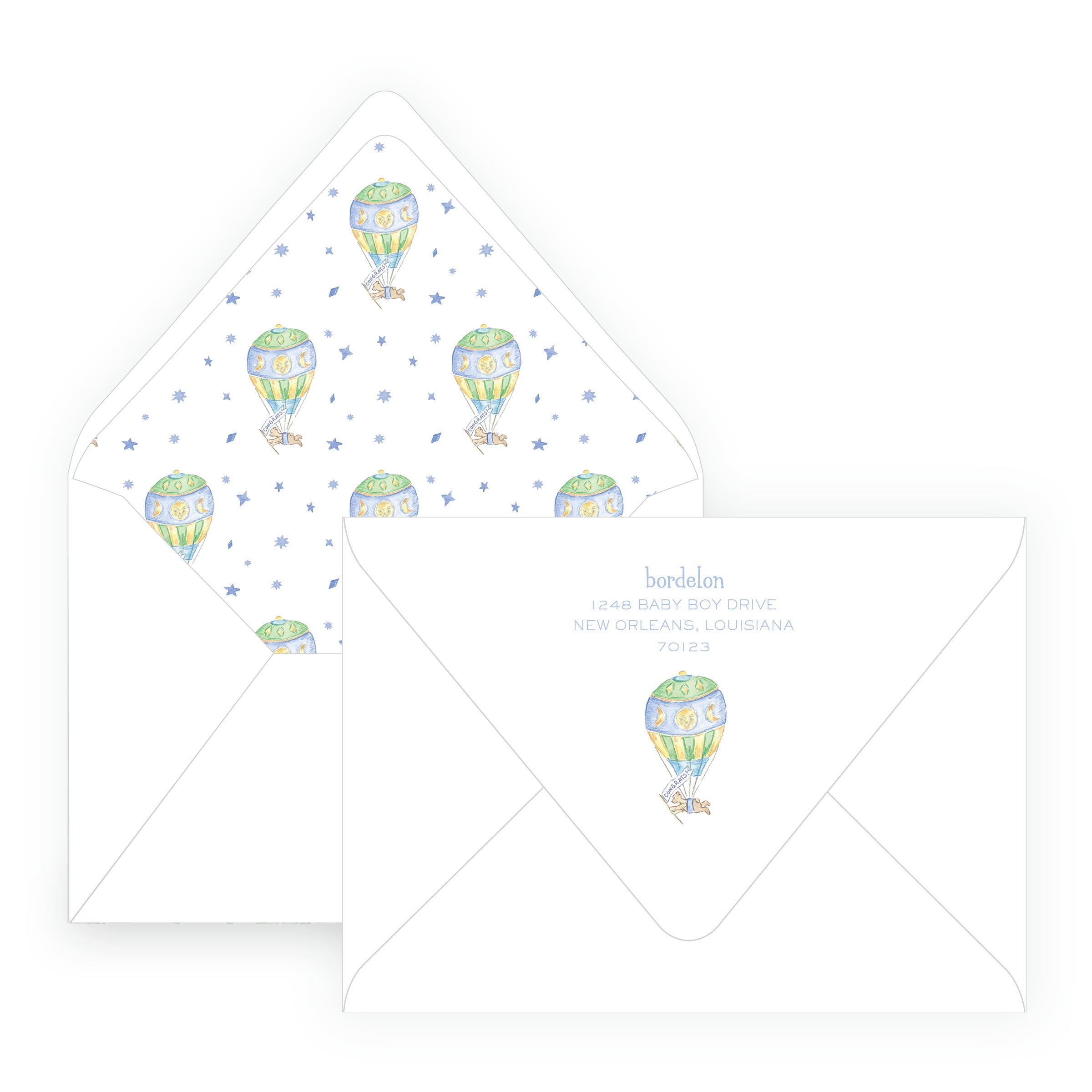 Baby Bleu Heirloom Hot Air Balloon Crest Baby Shower Invitation