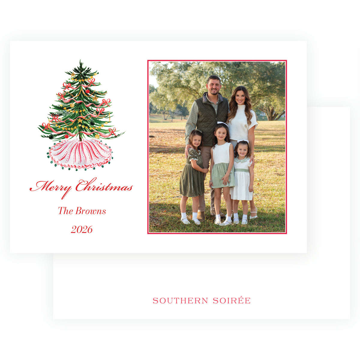 Festive Fir Bow Tree personalized Christmas photo card with watercolor Christmas tree, red bows, family photo and holiday greeting.