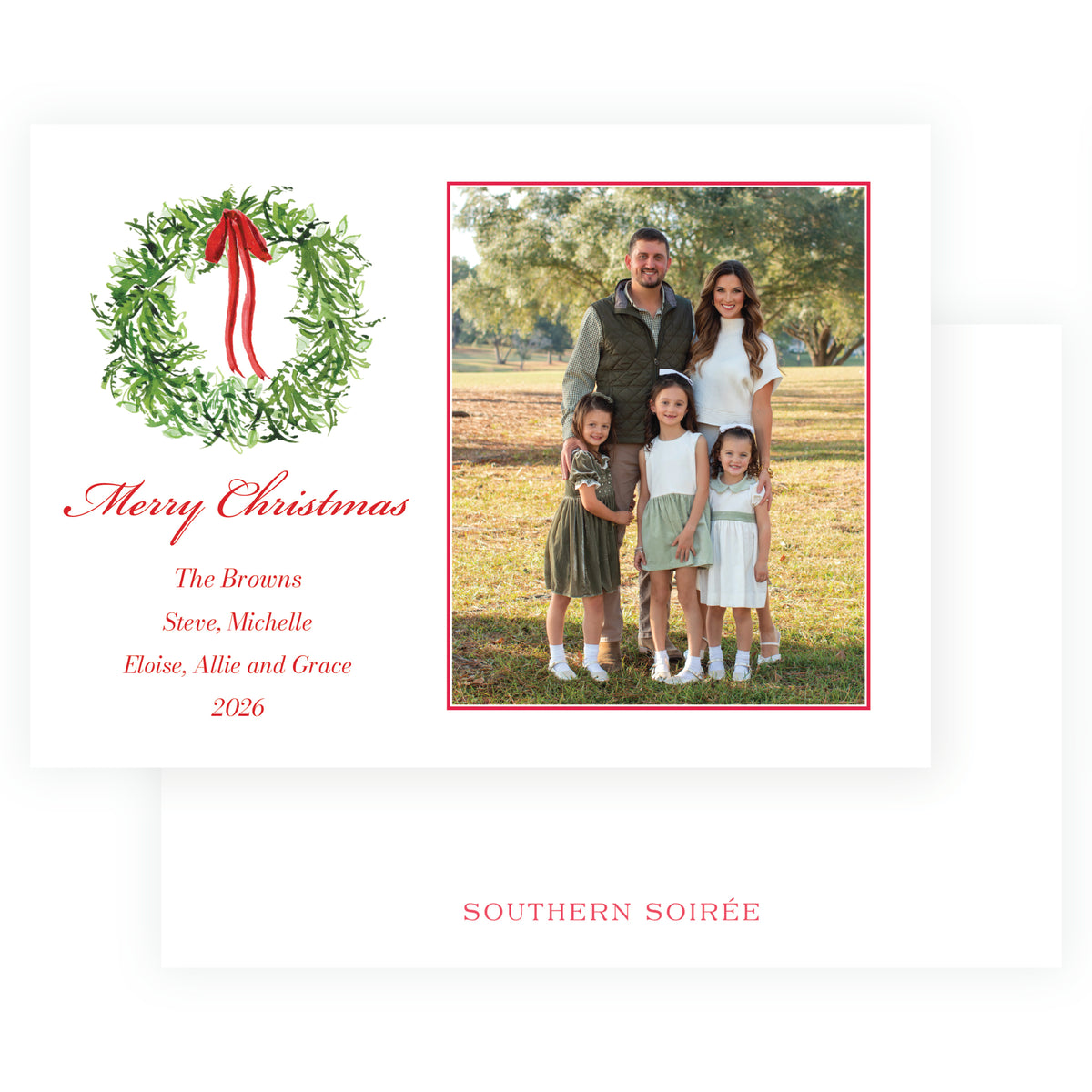 Festive Fir Ribbon Wreath Personalized Christmas Photo Card