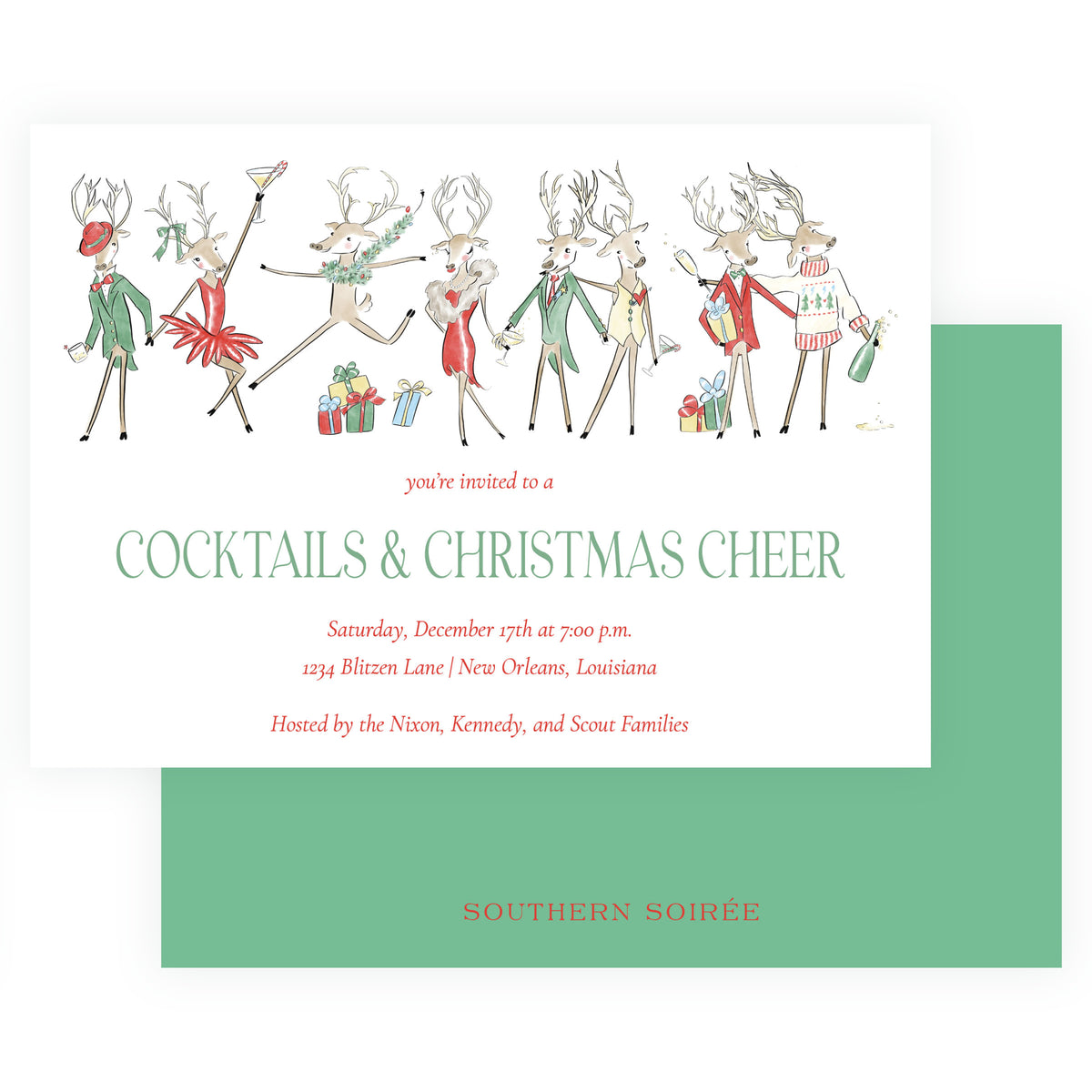 Reindeer Revelry Cocktails & Christmas Cheer Landscape Holiday Party Invitation