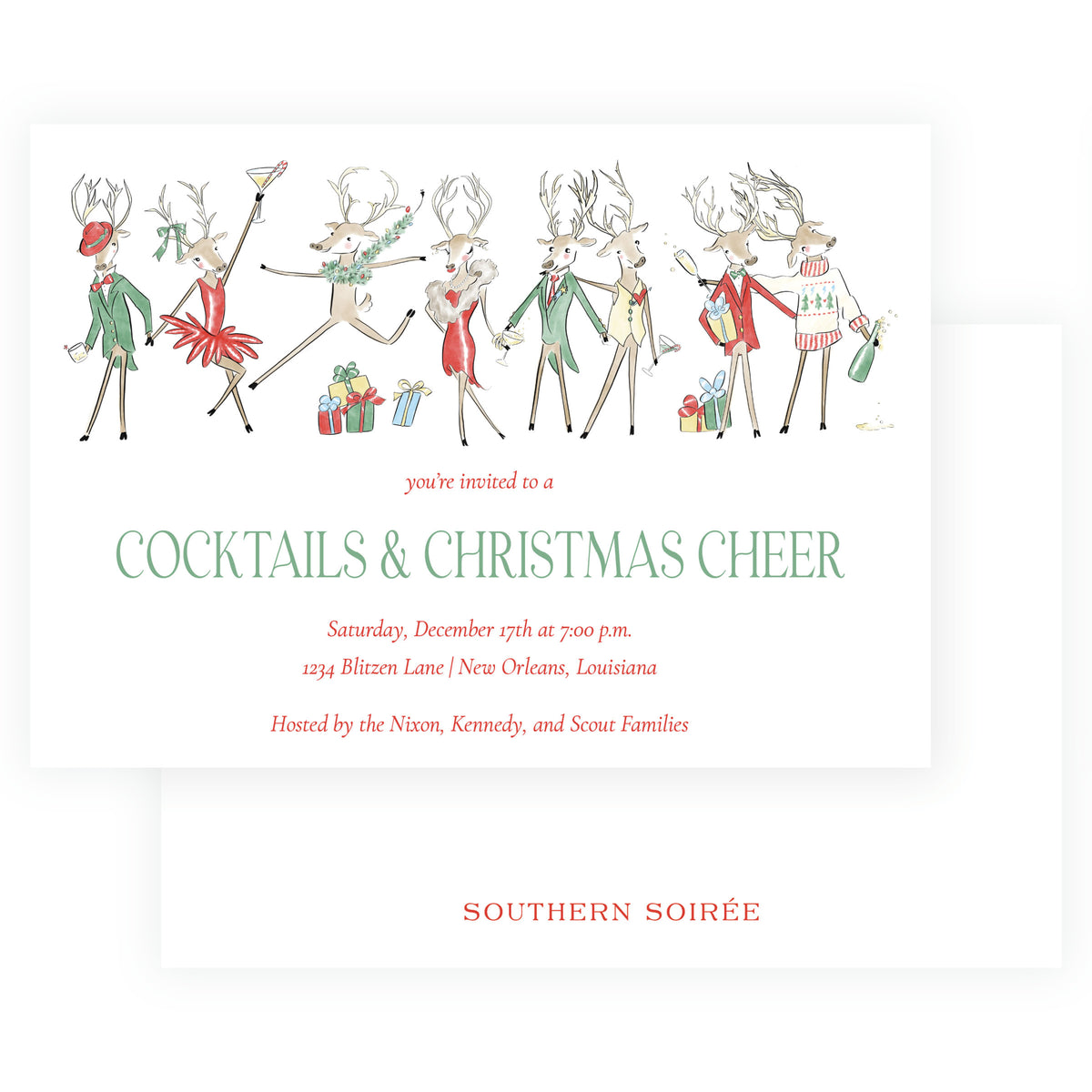 Reindeer Revelry Cocktails & Christmas Cheer Landscape Holiday Party Invitation