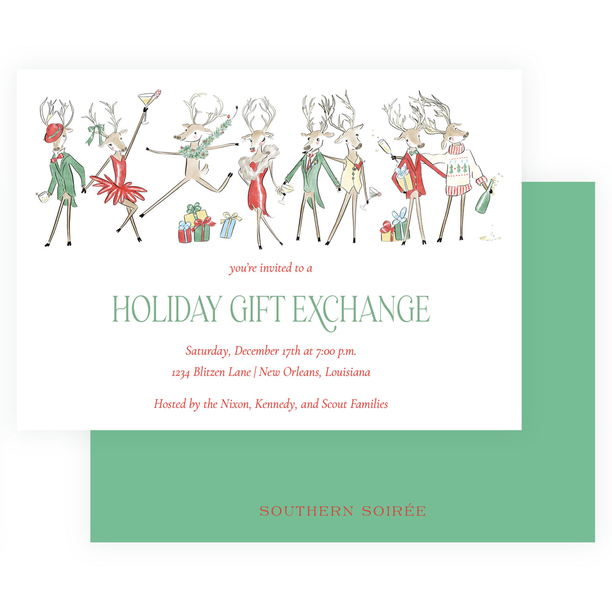 Reindeer Revelry landscape holiday gift exchange invitation with watercolor Christmas reindeer, cocktails and wrapped presents