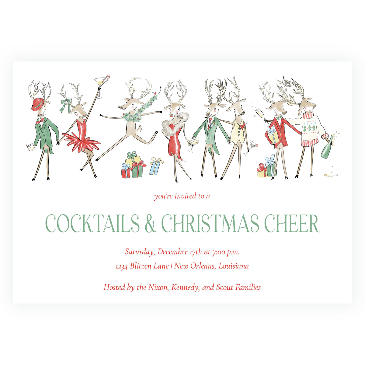 Reindeer Revelry Cocktails & Christmas Cheer Landscape Holiday Party Invitation