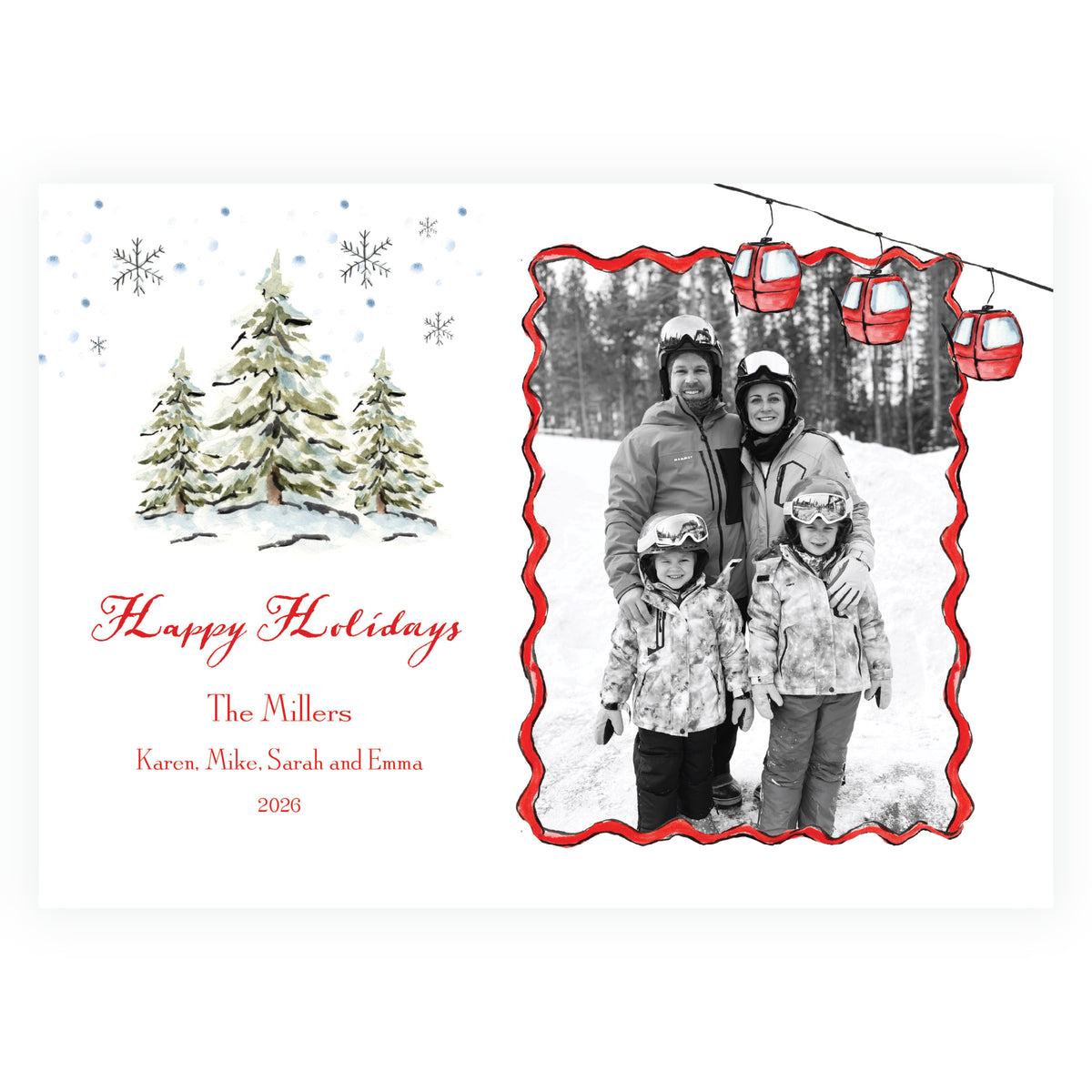 Alpine Holiday Gondola & Evergreens Landscape Personalized Christmas Photo Card