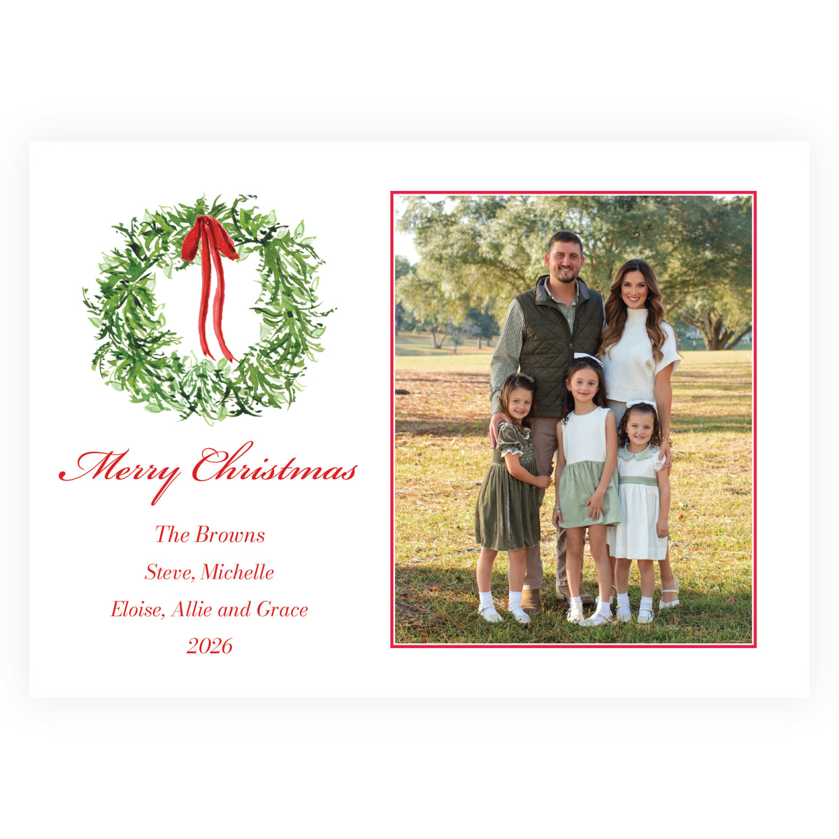 Festive Fir Ribbon Wreath Personalized Christmas Photo Card