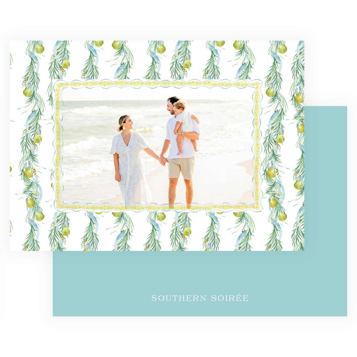 Personalized landscape Christmas card with evergreen pears and blue ribbon
