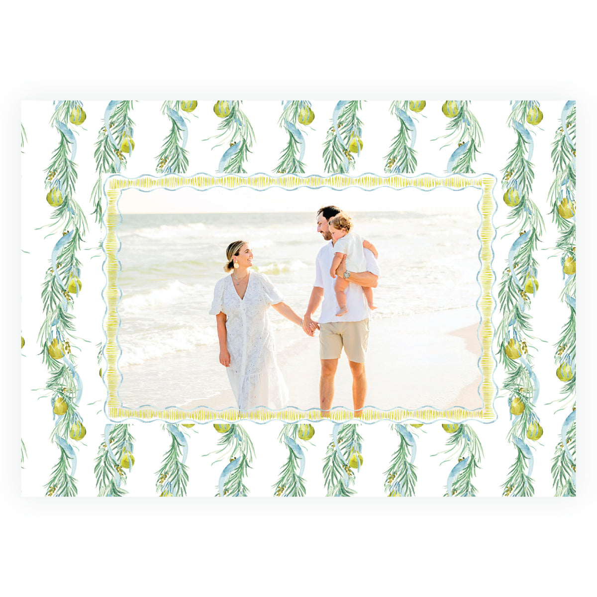 Evergreen and golden pear Christmas card with decorative photo border