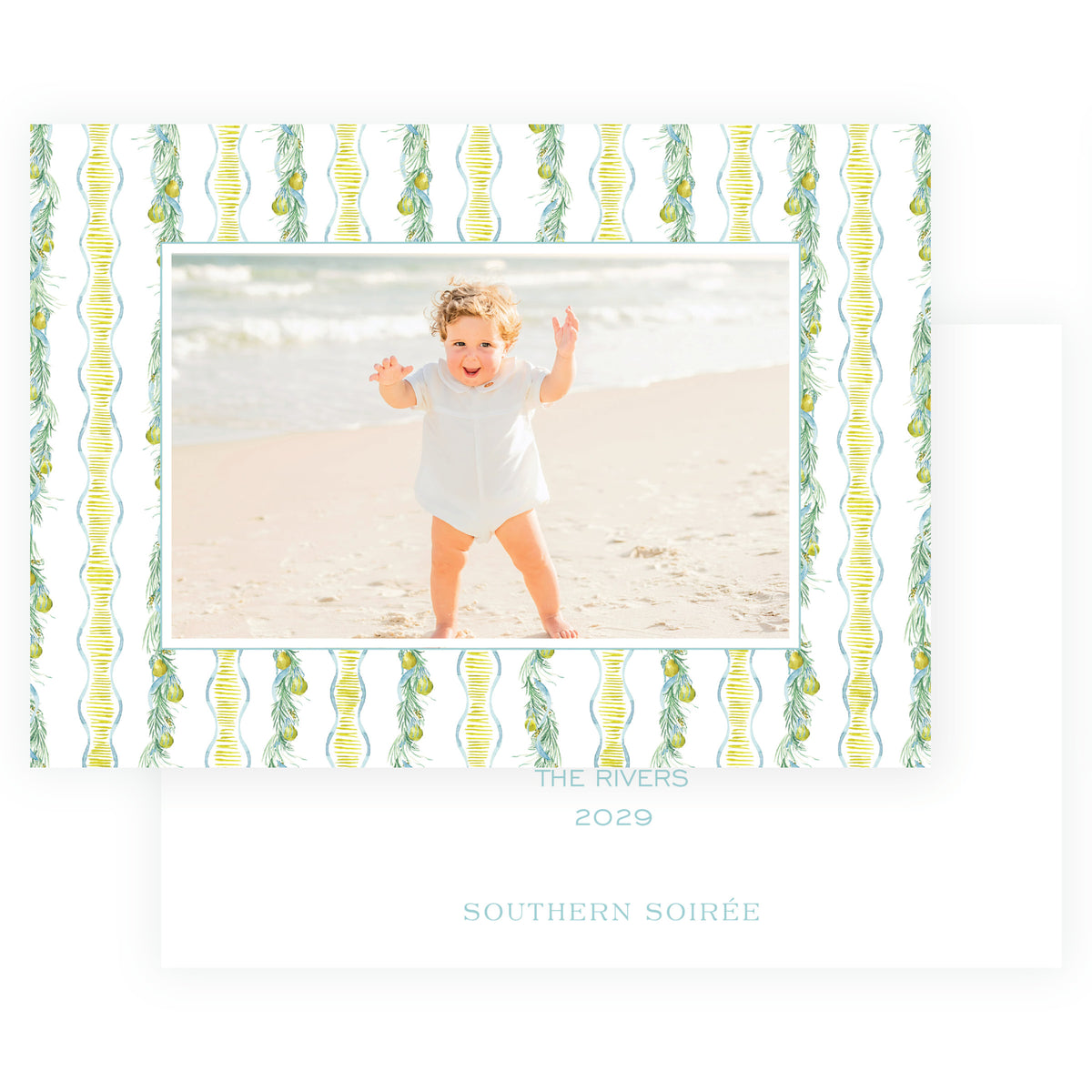 Evergreen and Pear garland stripe landscape personalized Christmas photo card
