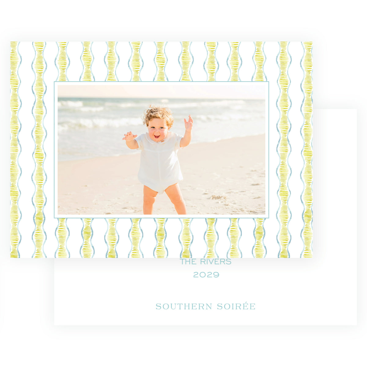 Landscape personalized Christmas photo card with watercolor stripes