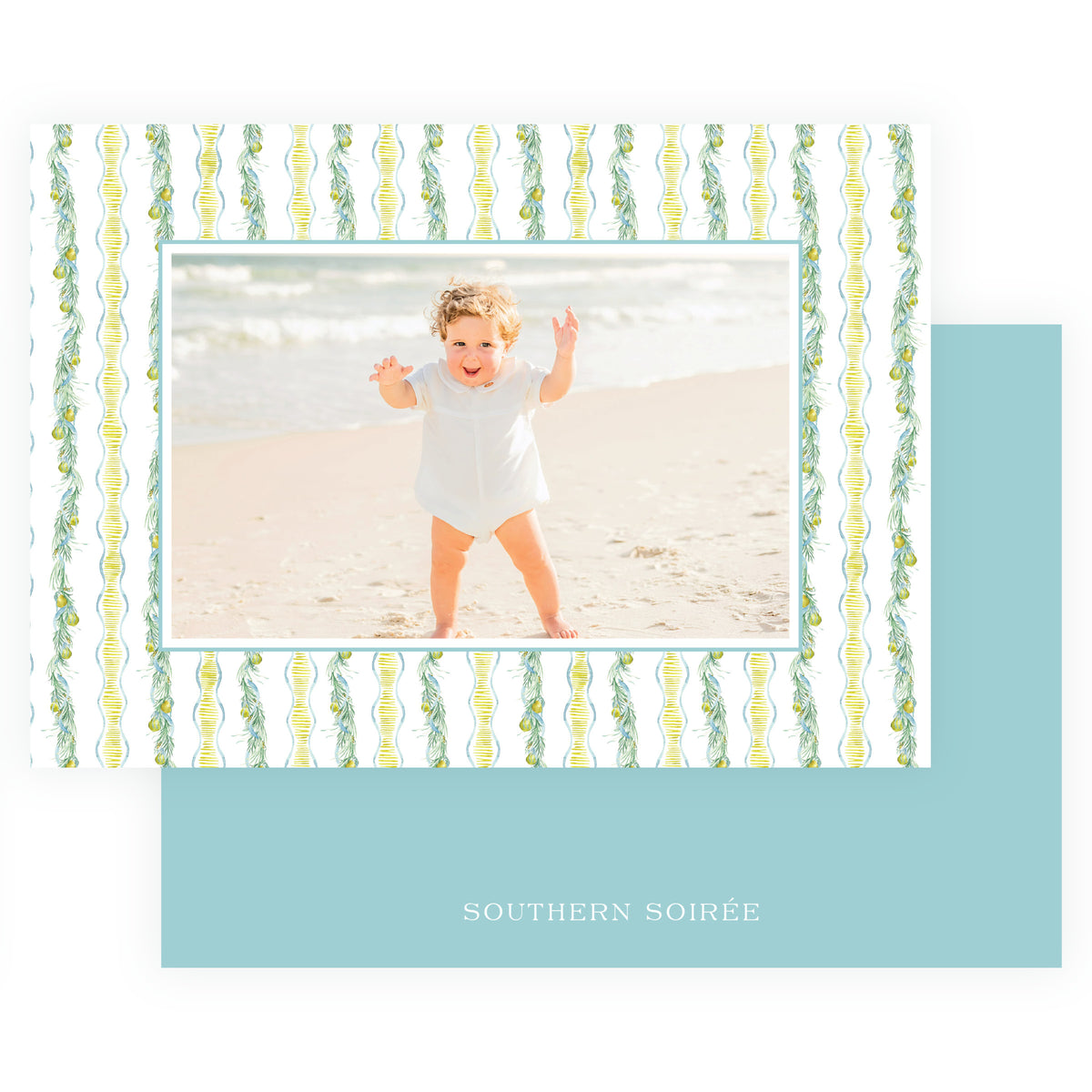 Landscape Christmas photo card with watercolor pear and evergreen stripes