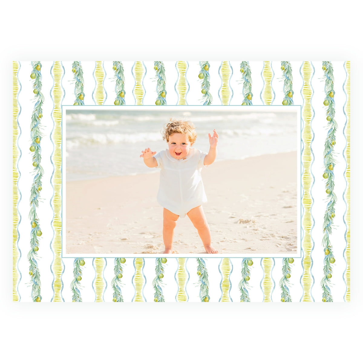 Watercolor garland stripe personalized holiday photo card